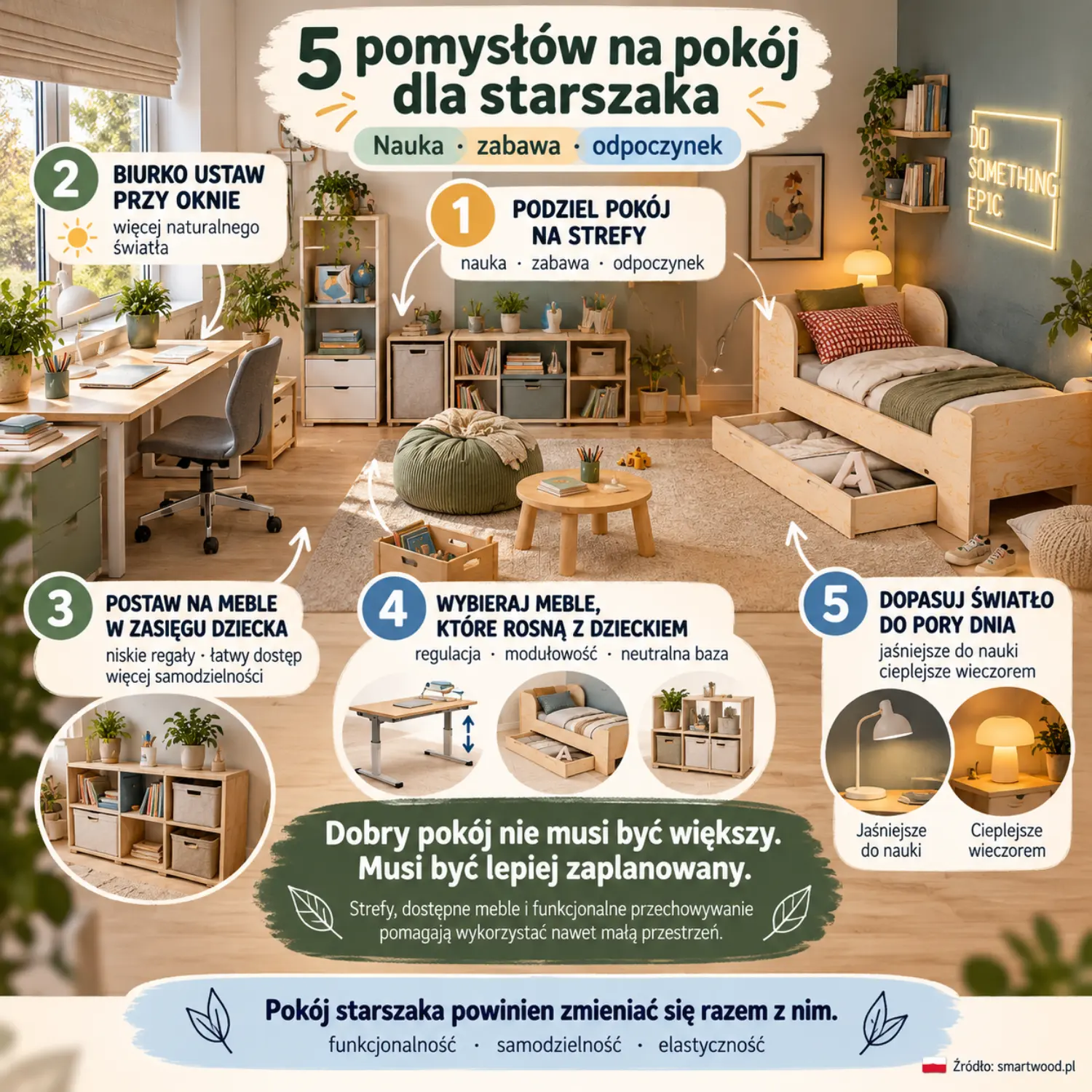 Infografika: pięć pomysłów na pokój starszaka - podział na strefy, biurko przy oknie, meble w zasięgu dziecka, meble rosnące z dzieckiem i światło.