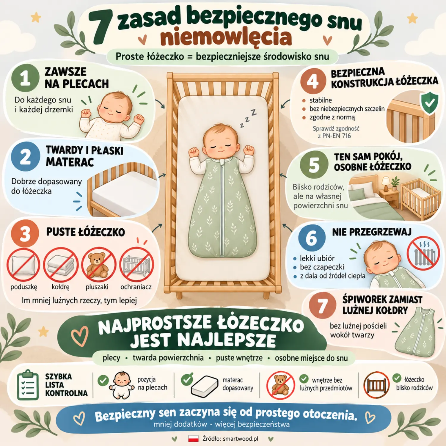 Infografika: siedem zasad bezpiecznego snu niemowlęcia - sen na plecach, twardy materac, puste łóżeczko, śpiworek i osobne miejsce do spania.