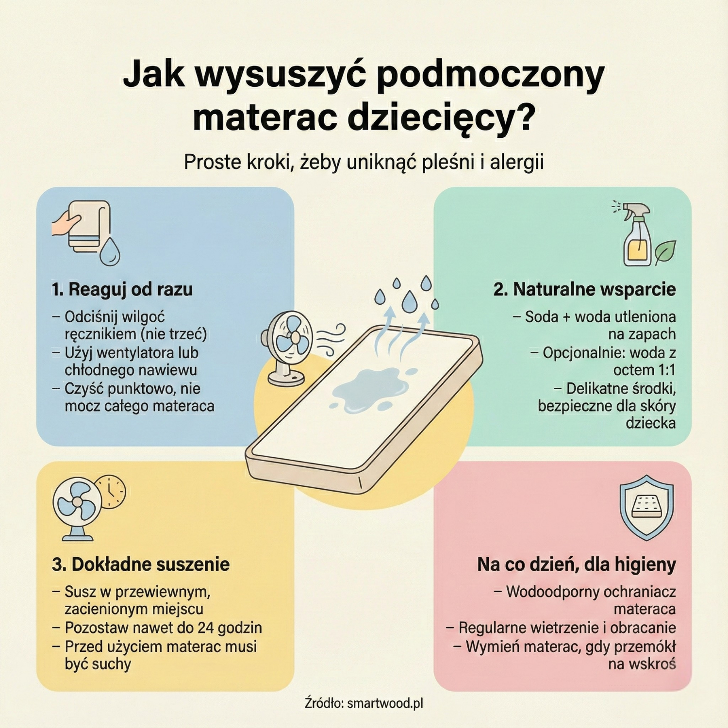 Jak wysuszyć podmoczony materac dziecięcy - proste kroki, żeby uniknąć pleśni i alergii