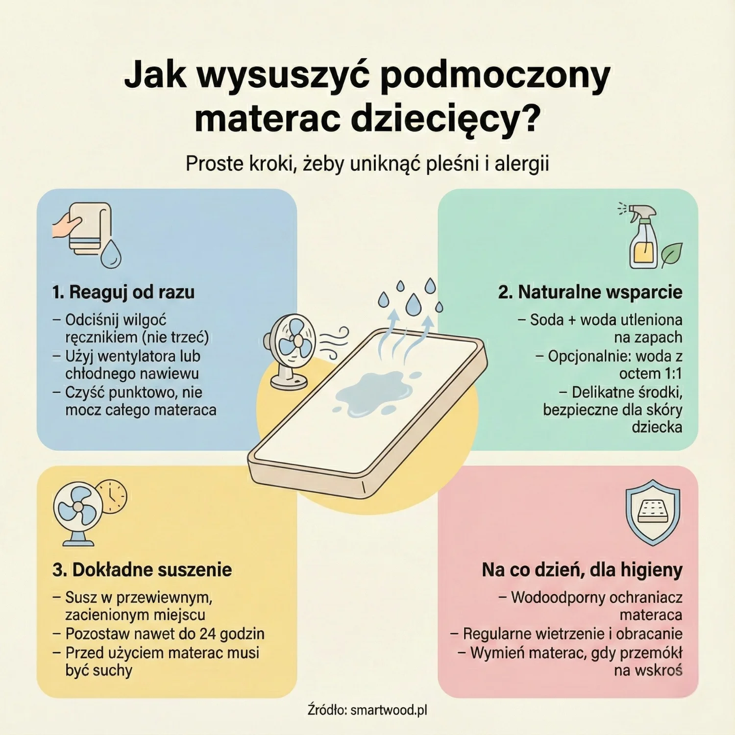 Jak wysuszyć podmoczony materac dziecięcy? - proste kroki, żeby uniknąć pleśni i alergii