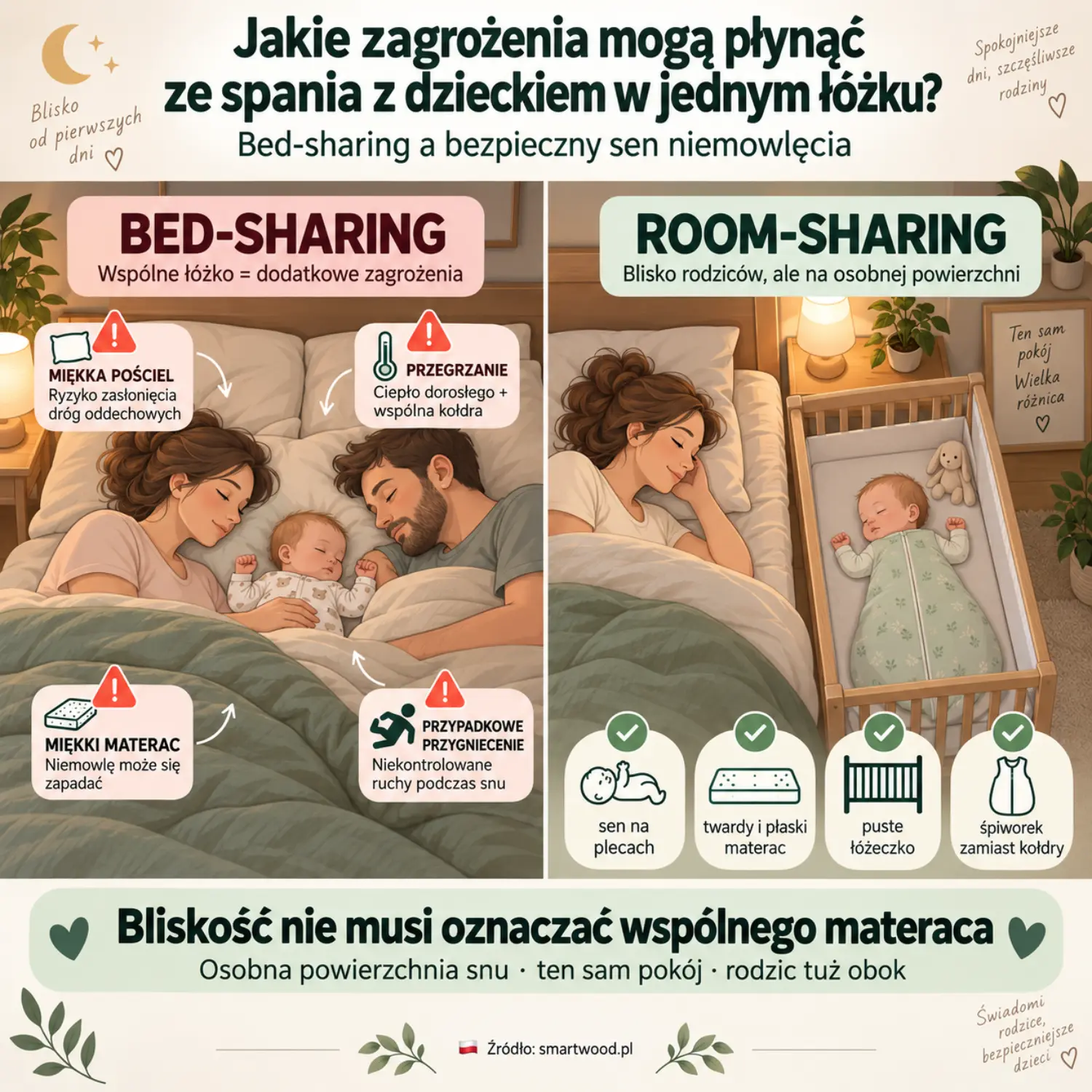 Infografika: bed-sharing a room-sharing - ryzyka wspólnego łóżka i zasady bezpiecznego snu niemowlęcia na osobnej powierzchni.