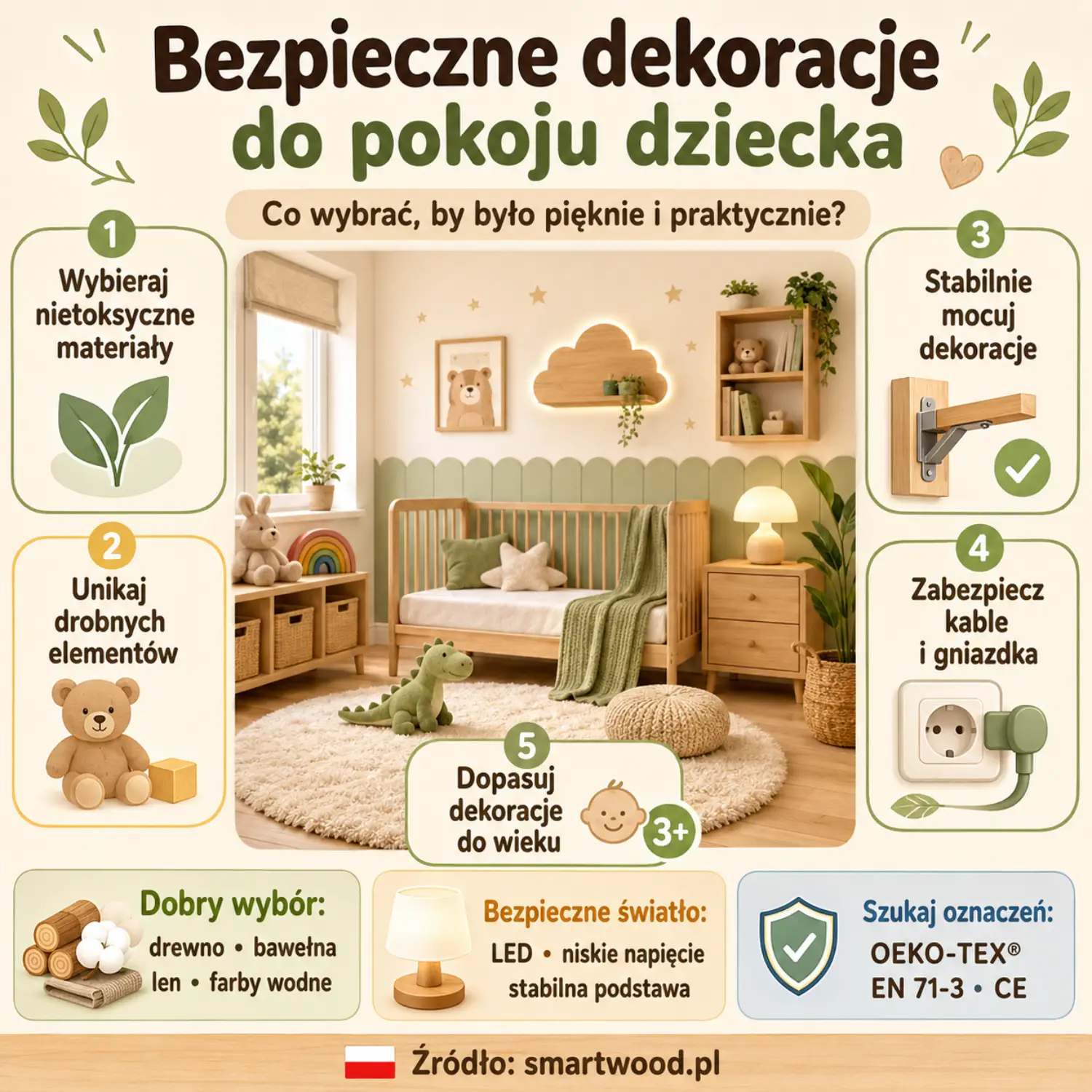 Infografika: bezpieczne dekoracje do pokoju dziecka — nietoksyczne materiały, brak drobnych elementów, stabilny montaż, zabezpieczone kable i dobór do wieku.