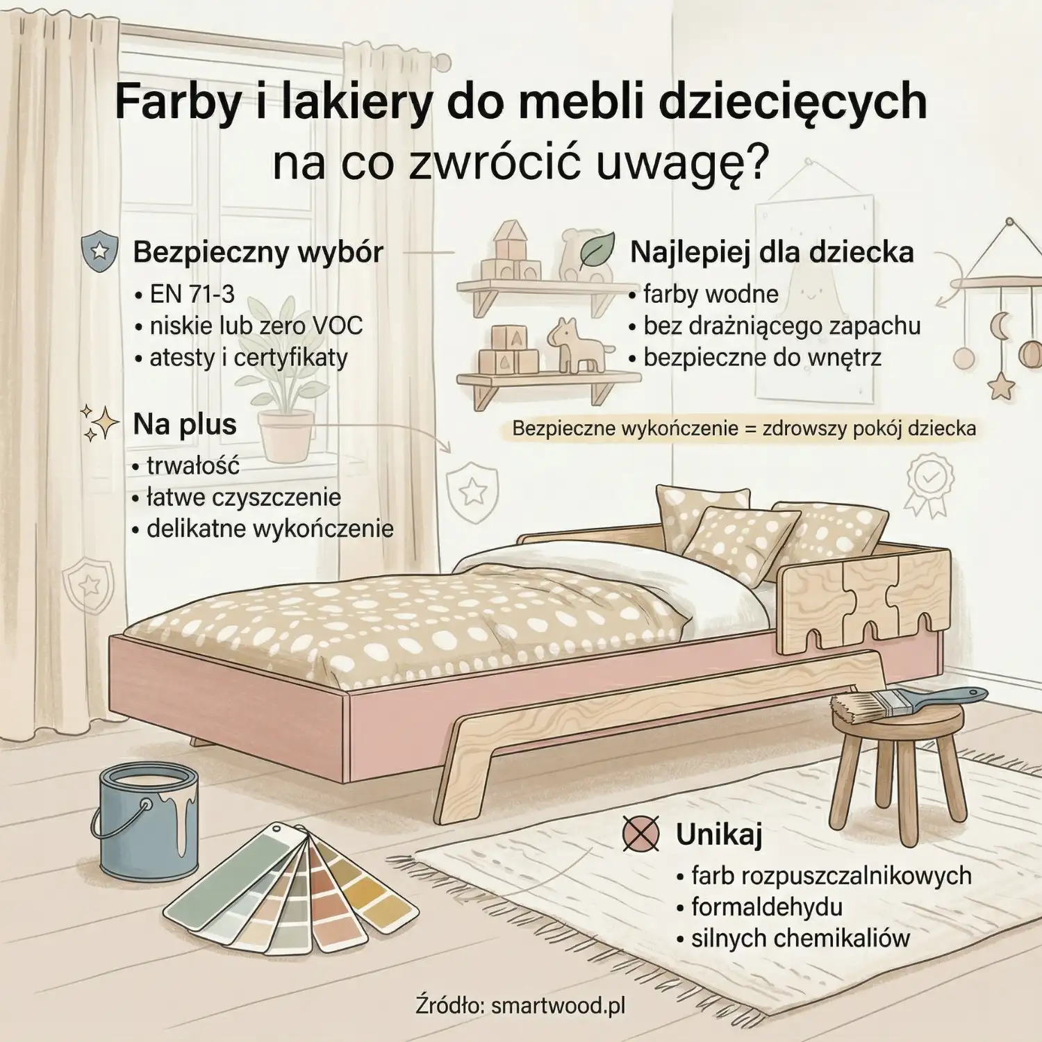  Infografika o bezpiecznych farbach i lakierach do mebli dziecięcych – na co zwrócić uwagę wybierając wykończenie łóżka w pokoju dziecięcym