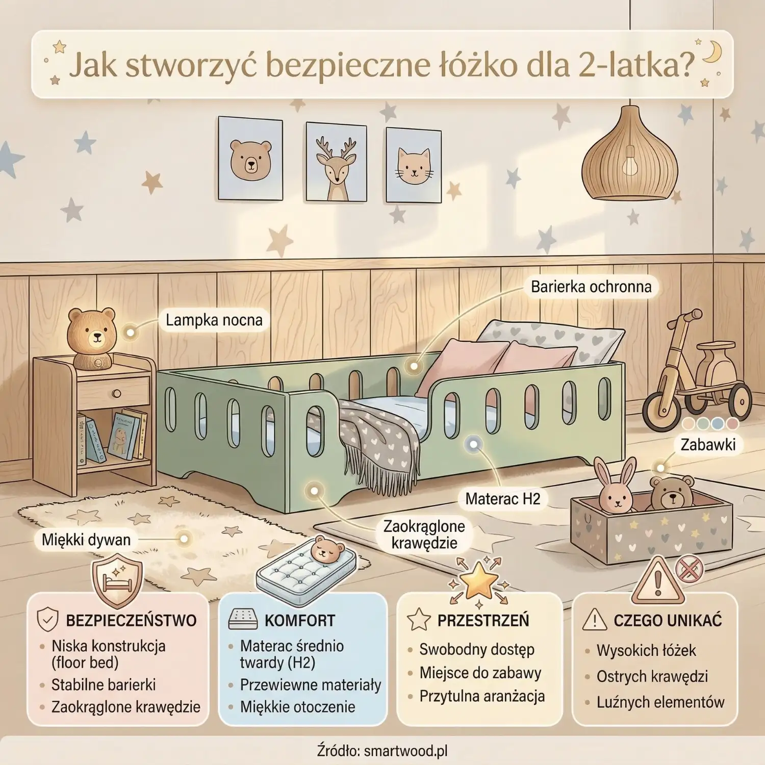 Jak stworzyć bezpieczne łóżko dla 2-latka? Infografika z poradami dotyczącymi bezpieczeństwa, komfortu i aranżacji przestrzeni do snu dla małego dziecka. Źródło: smartwood.pl