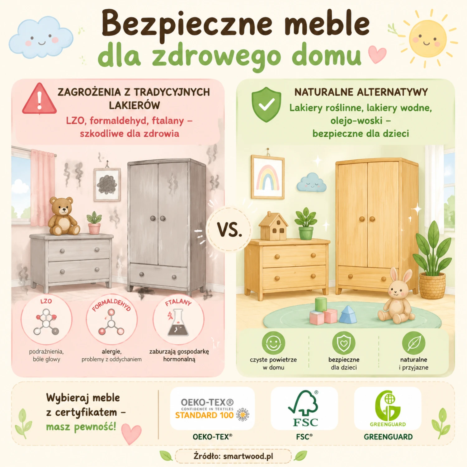  Infografika Smartwood - bezpieczne meble dla zdrowego domu: porównanie szkodliwych lakierów (LZO, formaldehyd, ftalany) z naturalnymi alternatywami i certyfikaty OEKO-TEX, FSC, GREENGUARD.