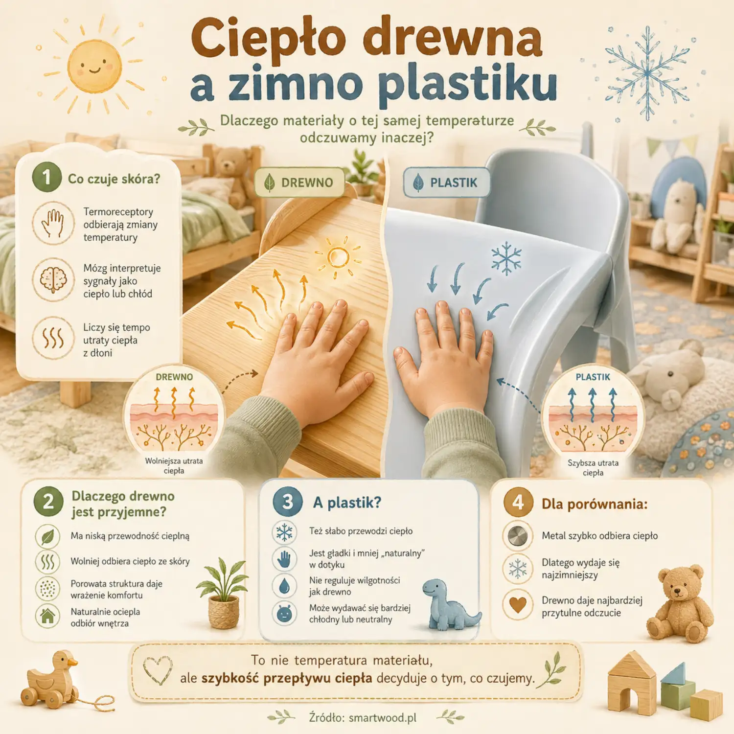 Infografika Smartwood - dlaczego drewno wydaje się cieplejsze w dotyku niż plastik: porównanie przewodności cieplnej materiałów.