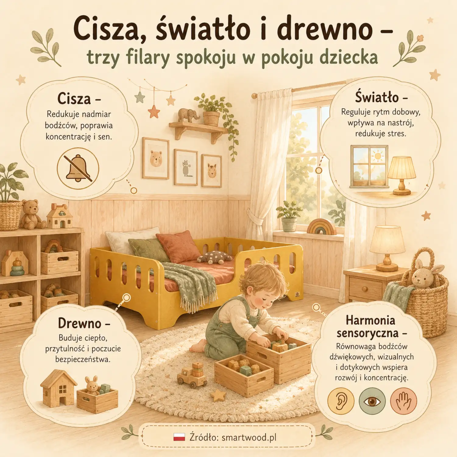 Infografika: cisza, światło i drewno jako trzy filary spokoju, koncentracji i zdrowego snu w pokoju dziecka.