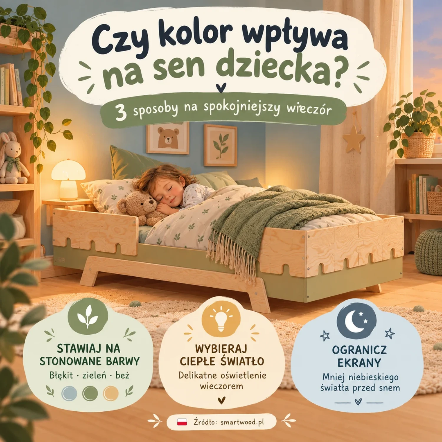 Infografika: czy kolor wpływa na sen dziecka - stonowane barwy (błękit, zieleń, beż), ciepłe światło wieczorem i mniej ekranów przed snem.