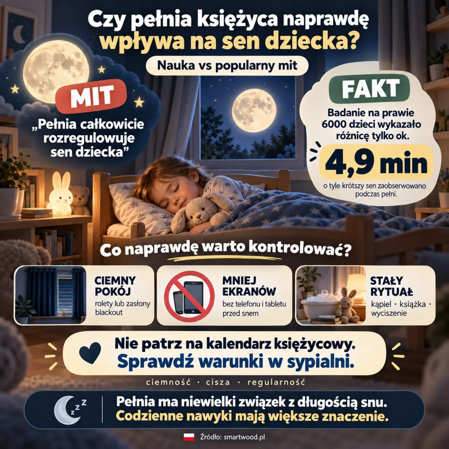 Infografika: pełnia księżyca a sen dziecka — mit kontra wyniki badania, oraz co naprawdę warto kontrolować w sypialni.
