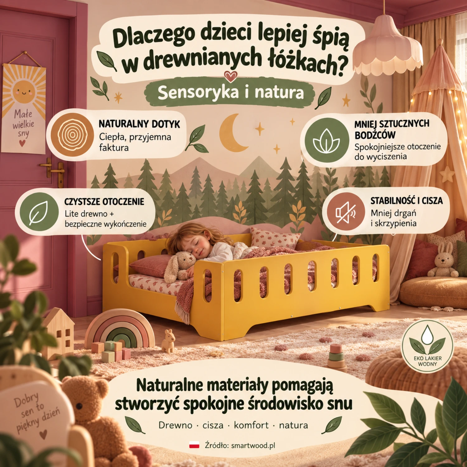Infografika: dlaczego dzieci lepiej śpią w drewnianych łóżkach — naturalny dotyk, spokojniejsze otoczenie, stabilność i cicha konstrukcja.