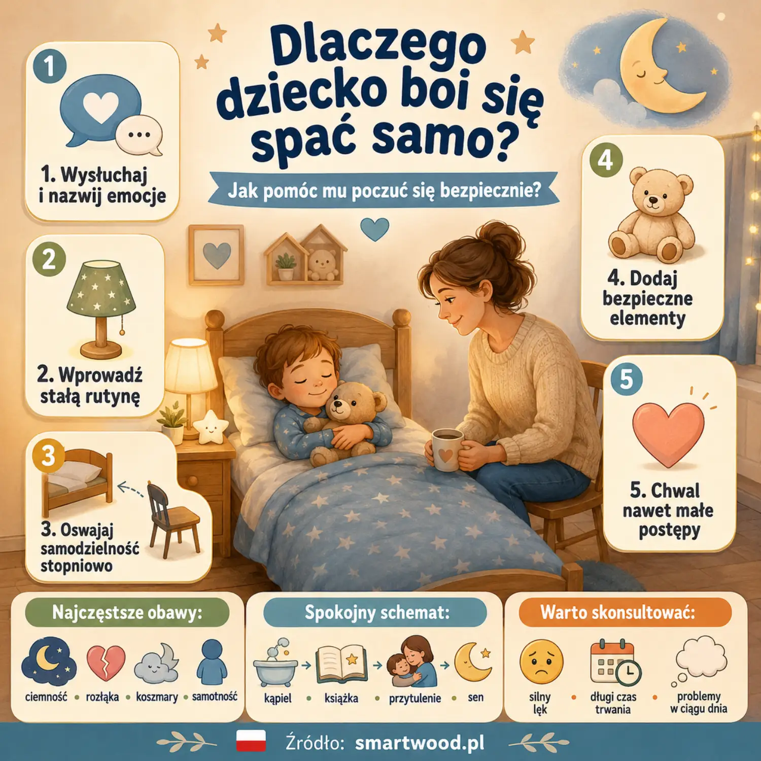 Infografika: dlaczego dziecko boi się spać samo - wysłuchaj emocji, stała rutyna, stopniowa samodzielność, bezpieczne elementy i pochwały.