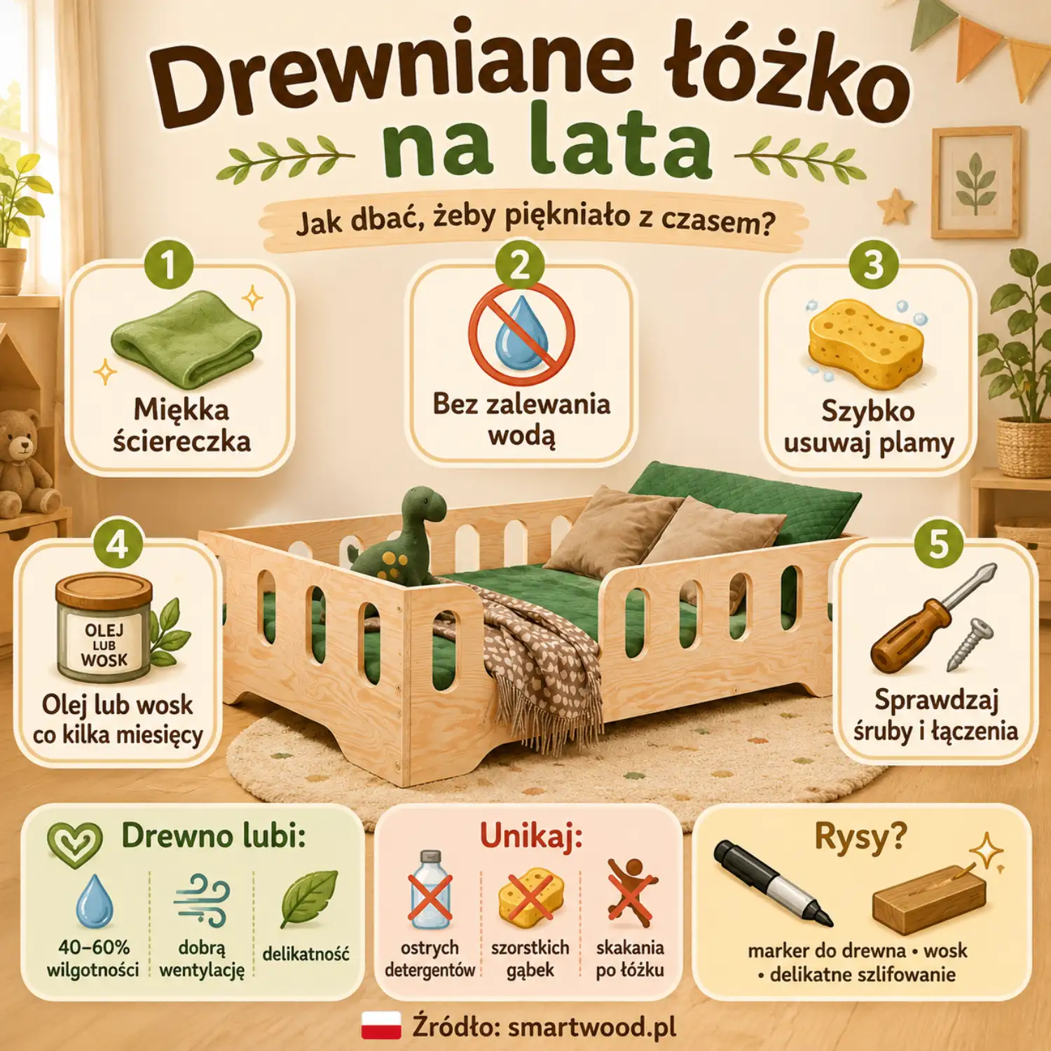 Infografika: drewniane łóżko na lata - miękka ściereczka, olej lub wosk, szybkie usuwanie plam i kontrola śrub.