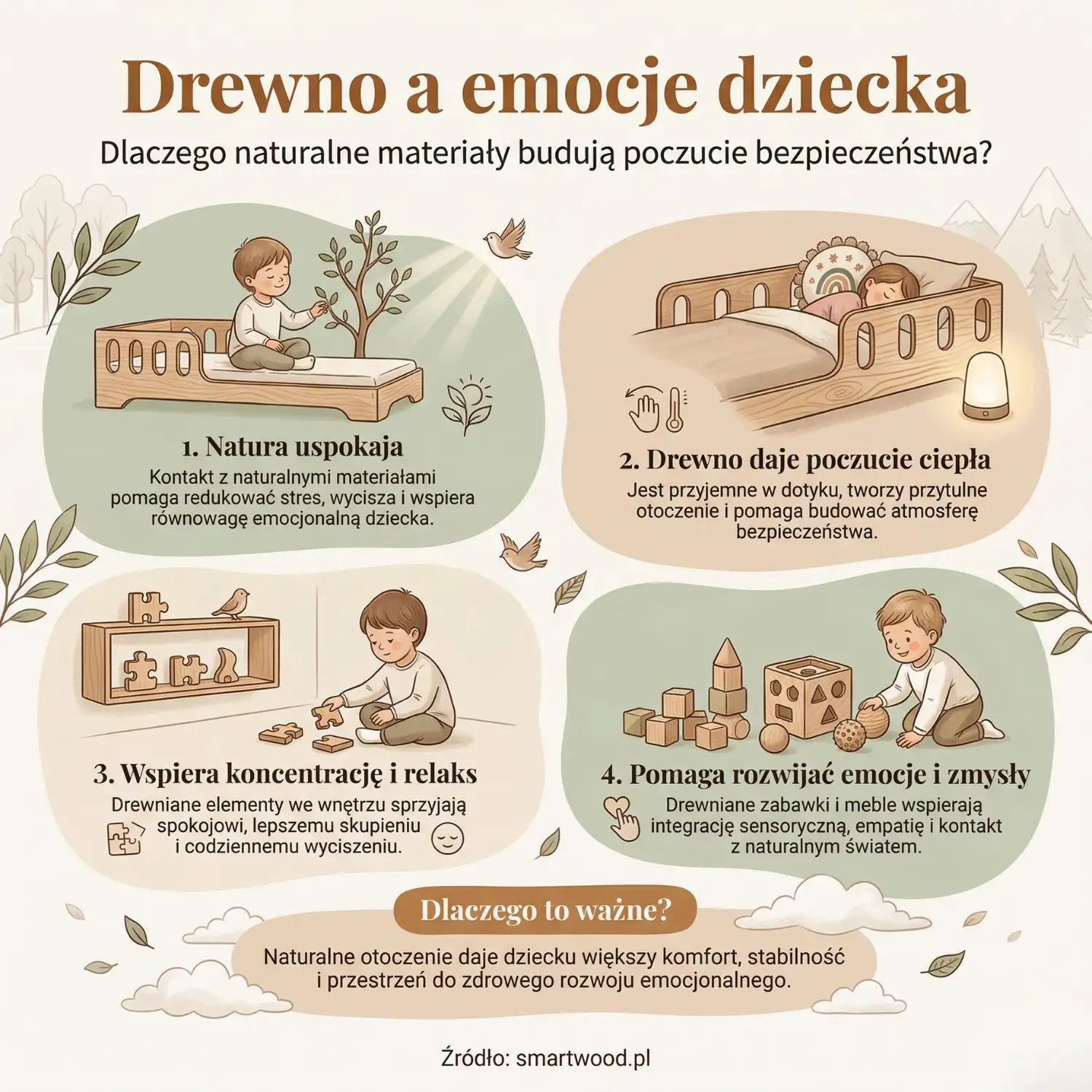 Infografika o wpływie drewna na emocje dziecka – jak naturalne materiały budują poczucie bezpieczeństwa, wspierają koncentrację i rozwój sensoryczny w pokoju dziecięcym