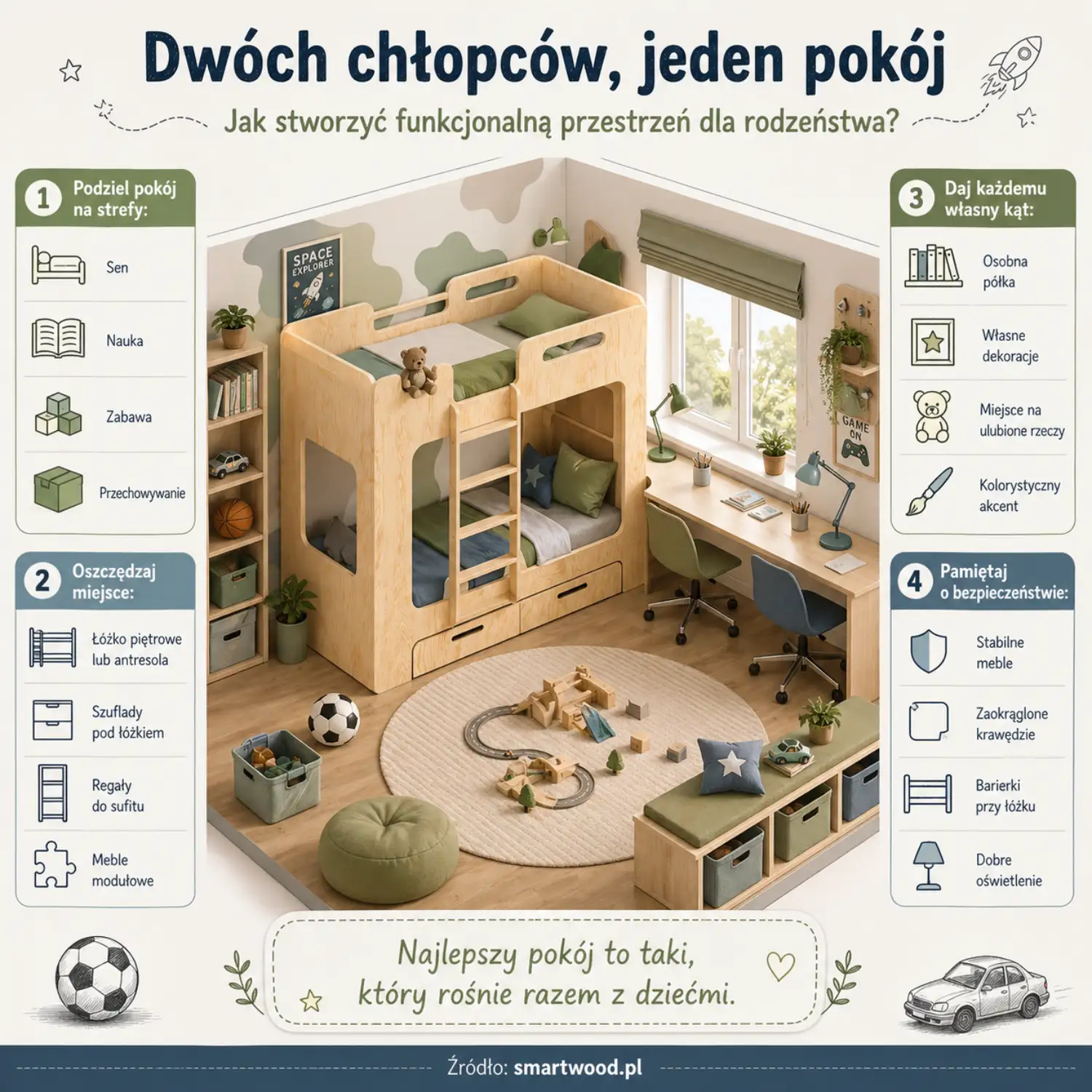 nfografika Smartwood - jak stworzyć funkcjonalny pokój dla dwóch chłopców: podział na strefy, oszczędność miejsca i bezpieczeństwo.