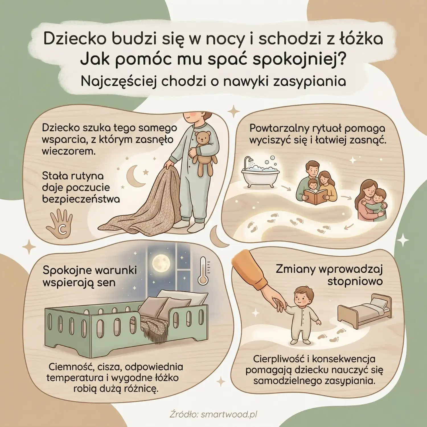 Infografika o dziecku, które budzi się w nocy i schodzi z łóżka – nawyki zasypiania, rytuał wieczorny i spokojne warunki snu w pokoju dziecięcym