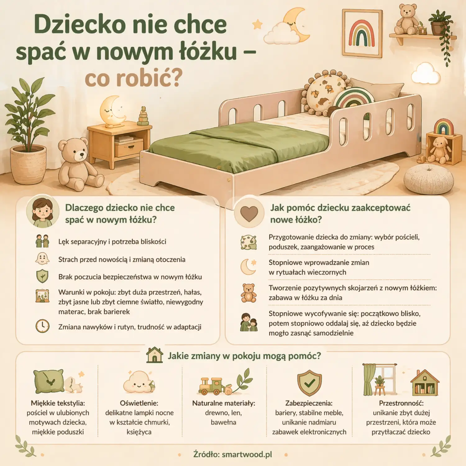 Infografika Smartwood - dlaczego dziecko nie chce spać w nowym łóżku i jak pomóc mu zaakceptować zmianę.