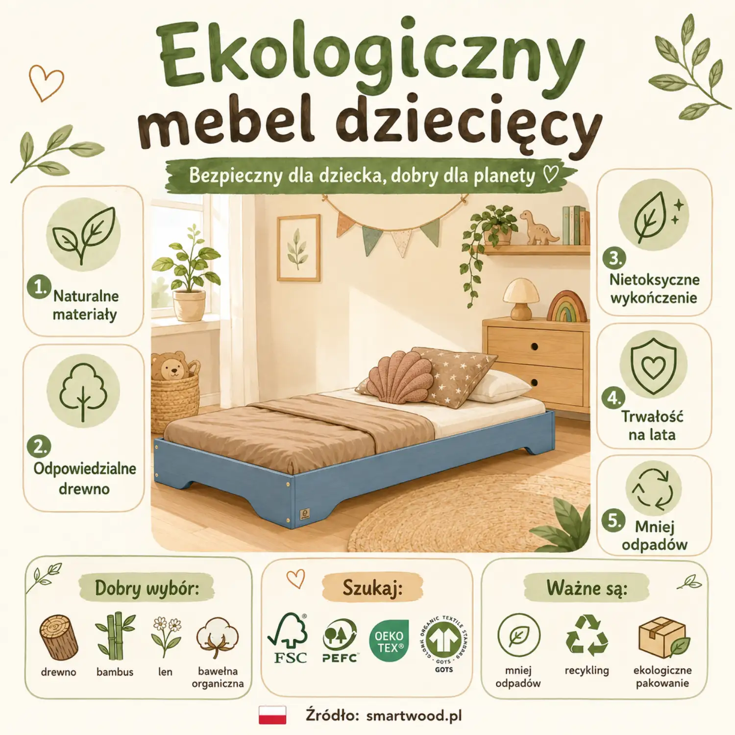 Infografika: ekologiczny mebel dziecięcy - naturalne materiały, odpowiedzialne drewno, nietoksyczne wykończenie, trwałość i mniej odpadów.