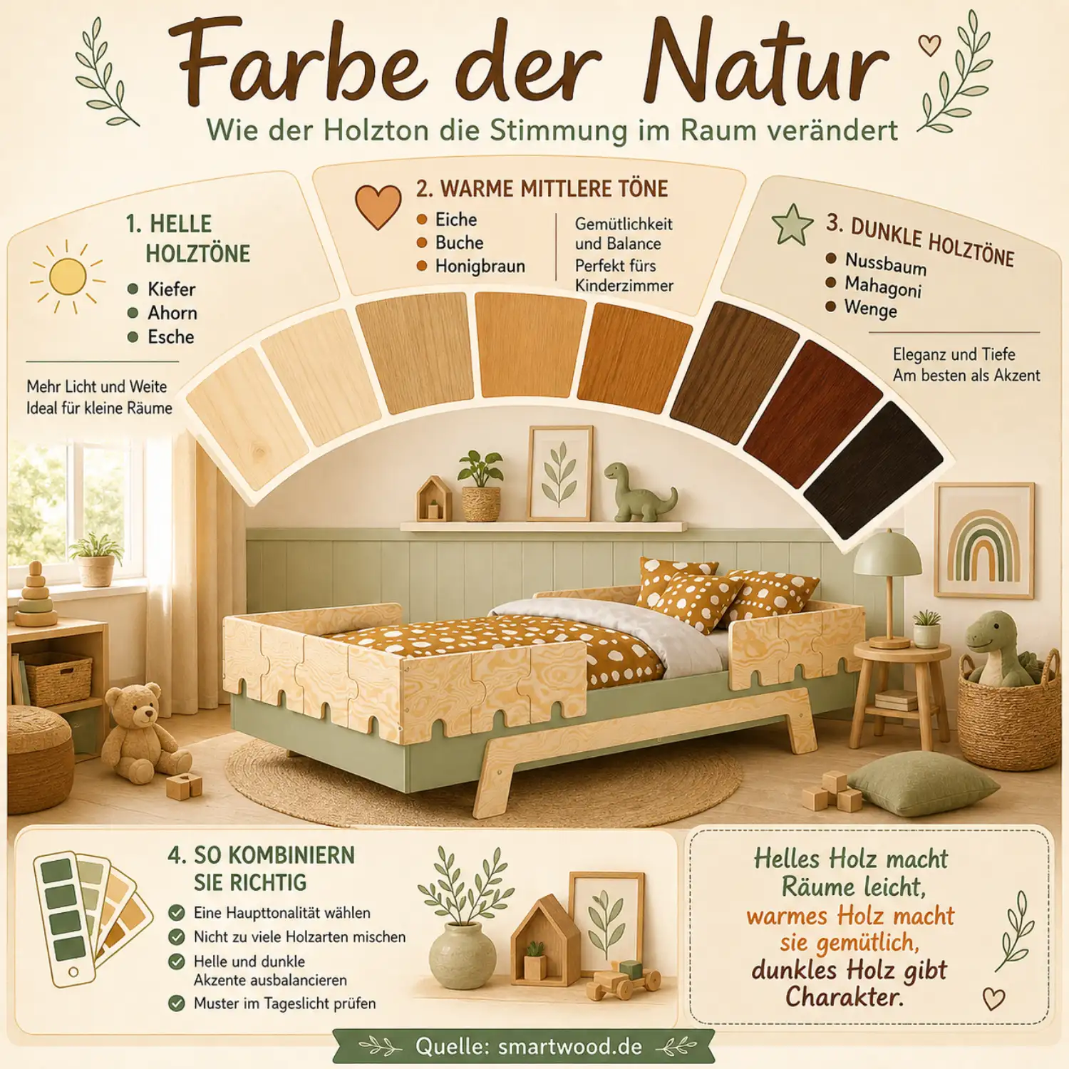 Smartwood-Infografik - Farbe der Natur: wie helle, mittlere und dunkle Holztöne die Stimmung im Raum verändern und richtig kombiniert werden.
