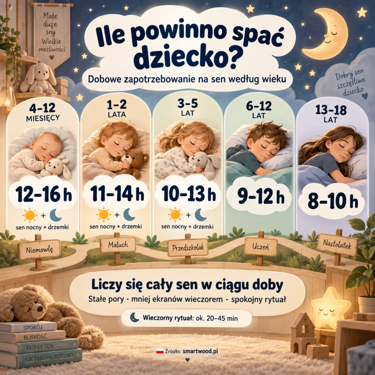 Infografika: dobowe zapotrzebowanie na sen według wieku - od niemowlęcia do nastolatka, z sumą snu nocnego i drzemek.
