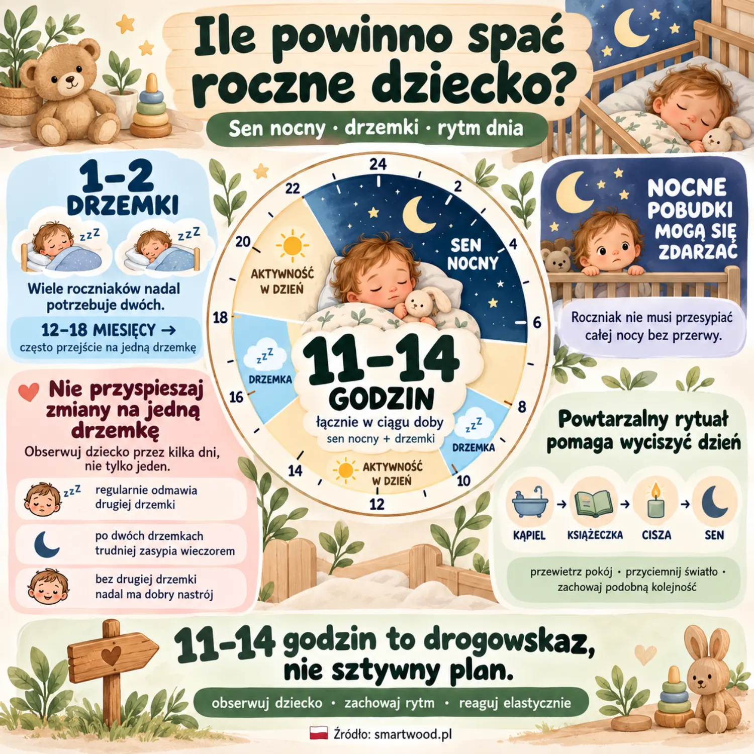 Infografika: sen rocznego dziecka - 11–14 godzin na dobę, jedna lub dwie drzemki, nocne pobudki i wieczorny rytuał.