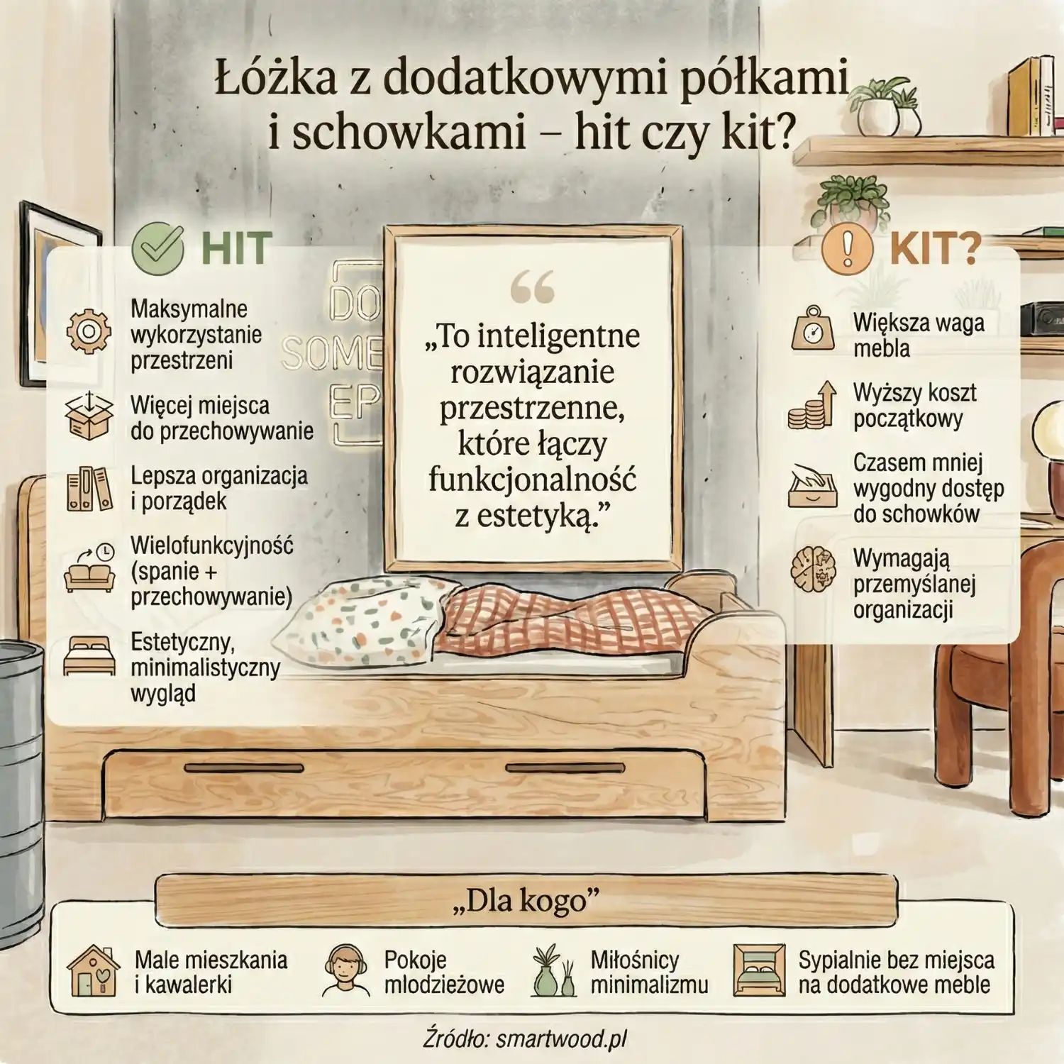 Łóżka z dodatkowymi półkami i schowkami - hit czy kit?