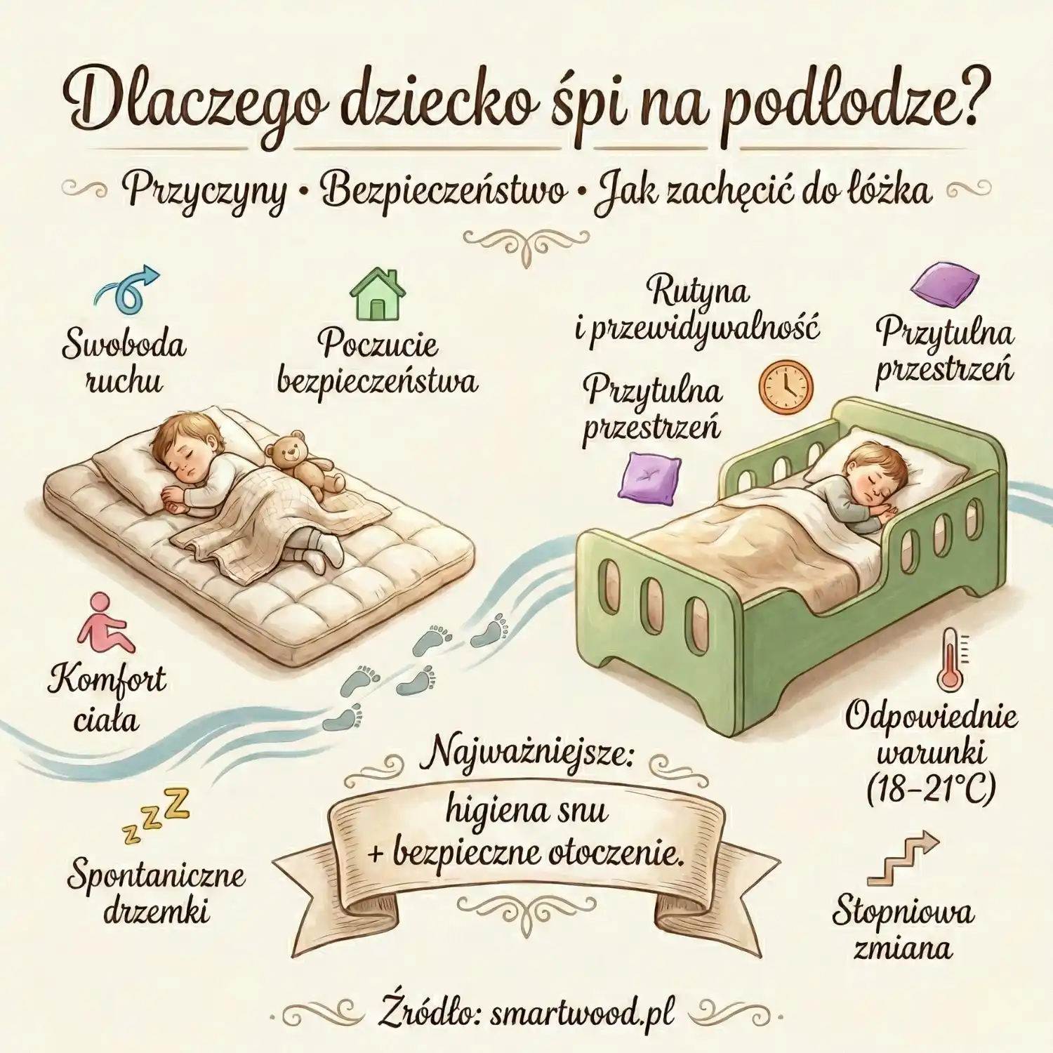 Dlaczego dziecko śpi na podłodze? Przyczyny, bezpieczeństwo i jak zachęcić do łóżka