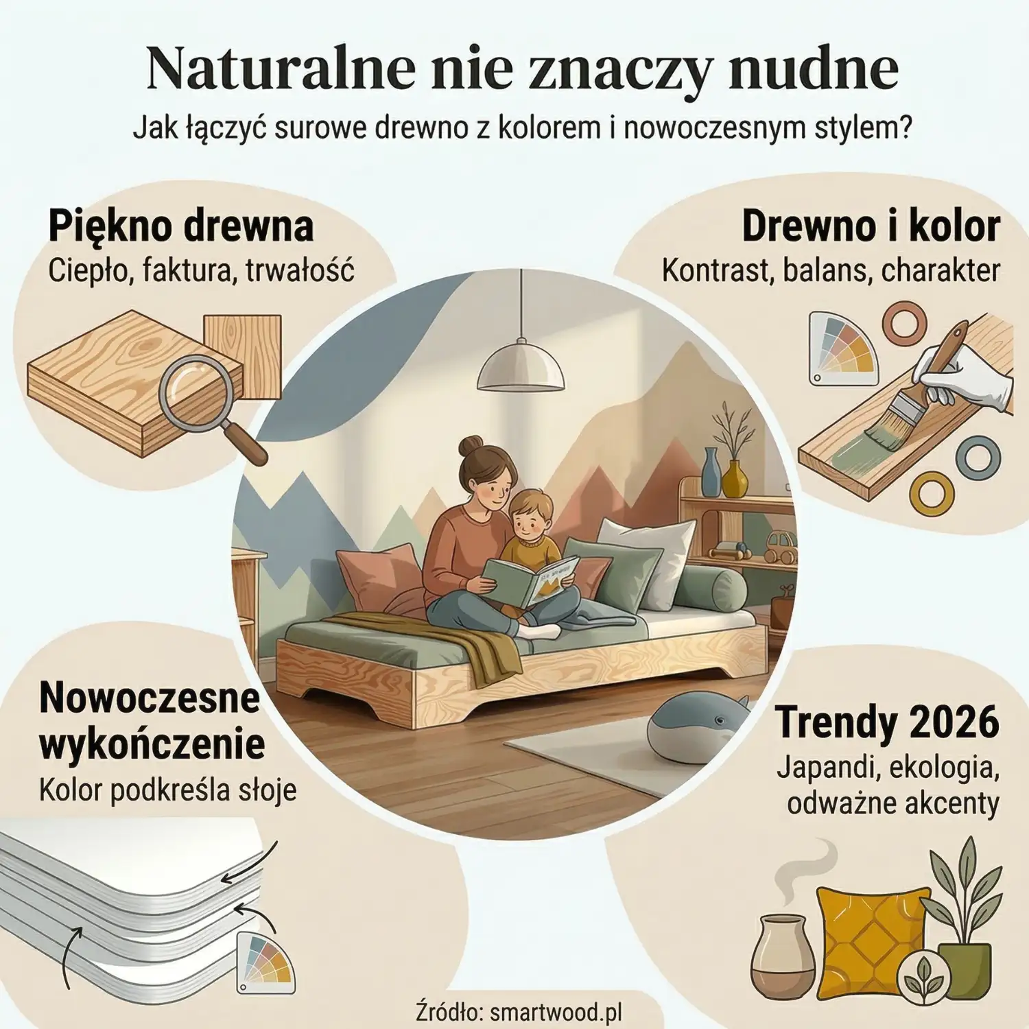 Naturalne nie znaczy nudne - jak łączyć surowe drewno z kolorem i nowoczesnym stylem?