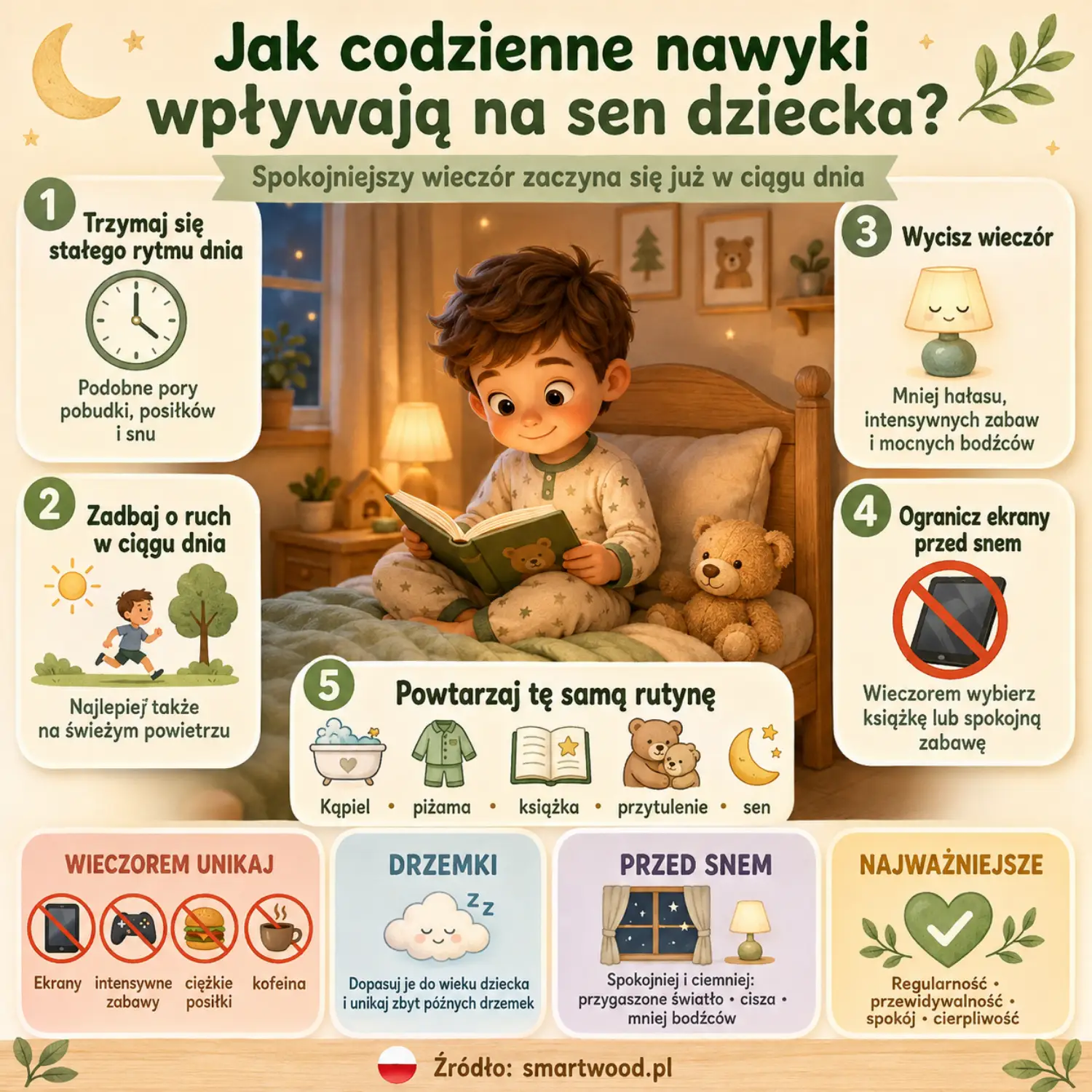 Infografika: jak codzienne nawyki wpływają na sen dziecka — stały rytm dnia, ruch, wyciszony wieczór i ograniczenie ekranów.