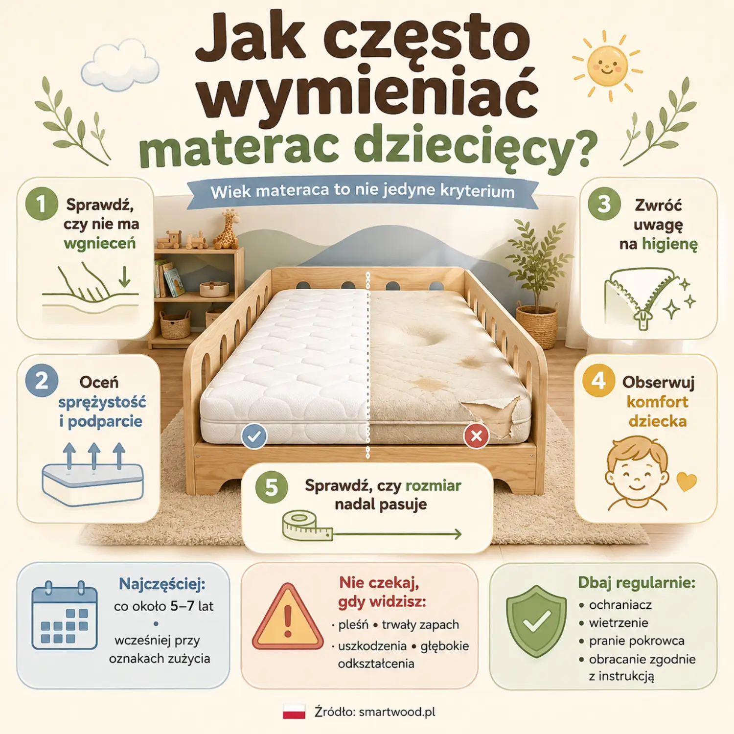 Infografika: wymiana materaca dziecięcego - wgniecenia, sprężystość, higiena, komfort dziecka i dopasowanie rozmiaru do wzrostu.