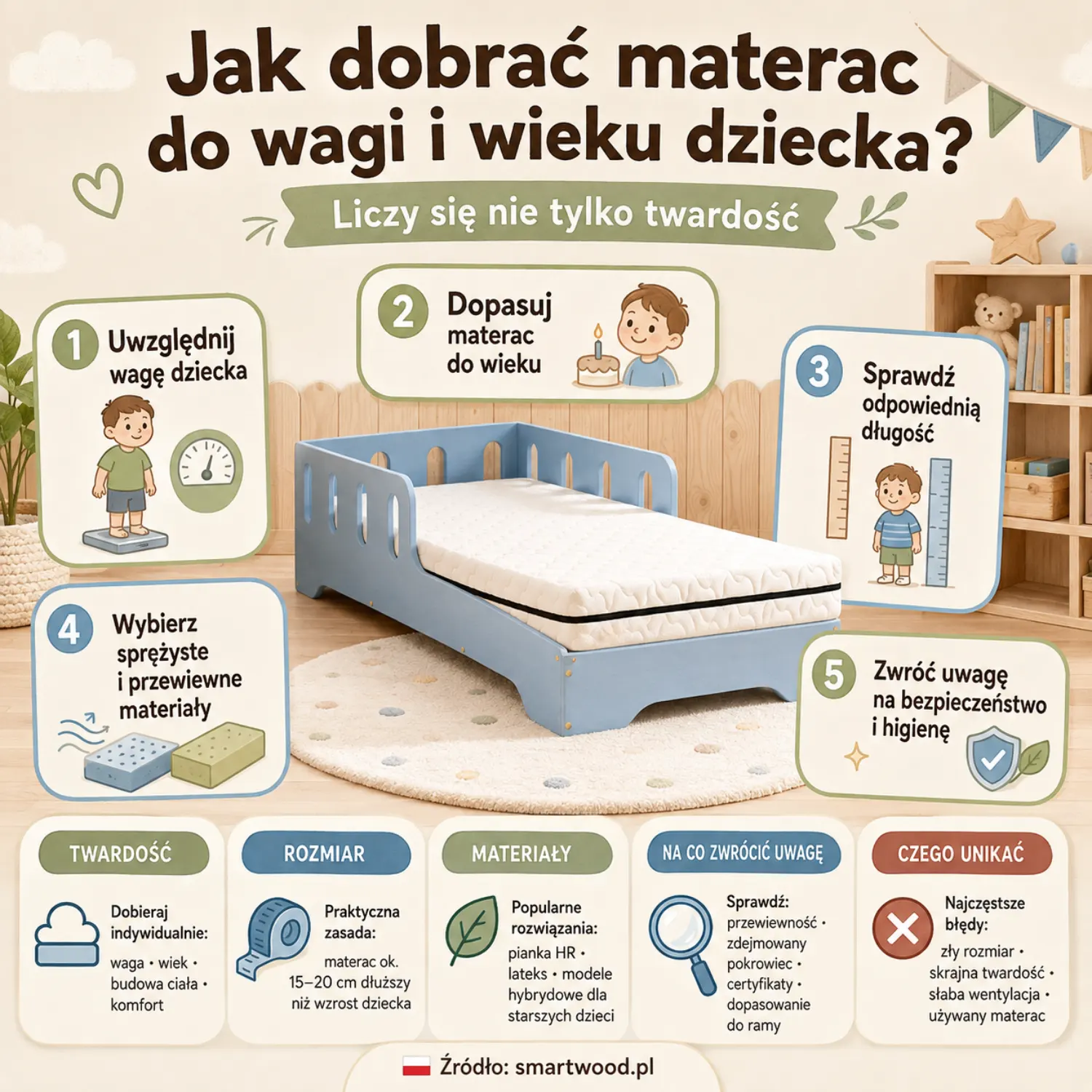 Infografika: jak dobrać materac do wagi i wieku dziecka — długość, twardość, sprężyste materiały i higiena.