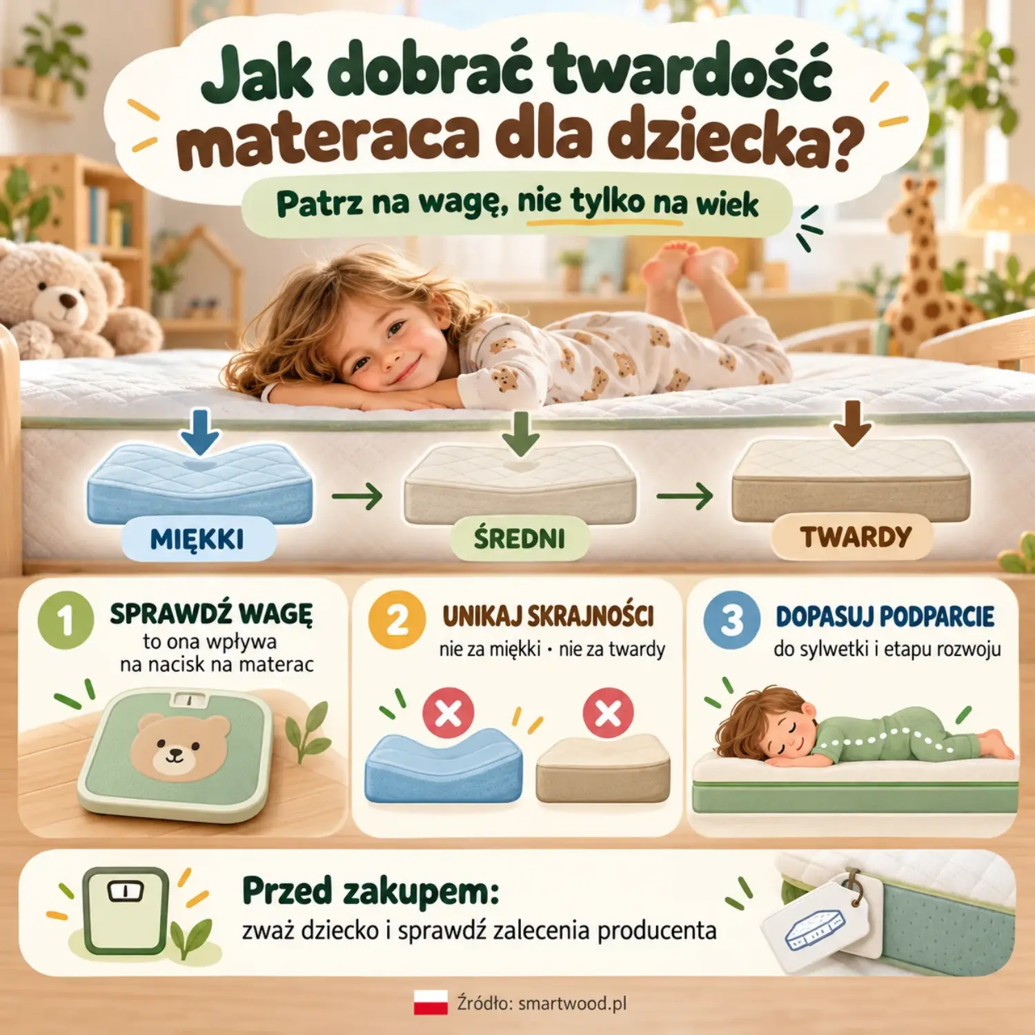 Infografika: dobór twardości materaca dla dziecka - miękki, średni i twardy, waga jako główne kryterium i dopasowanie podparcia.