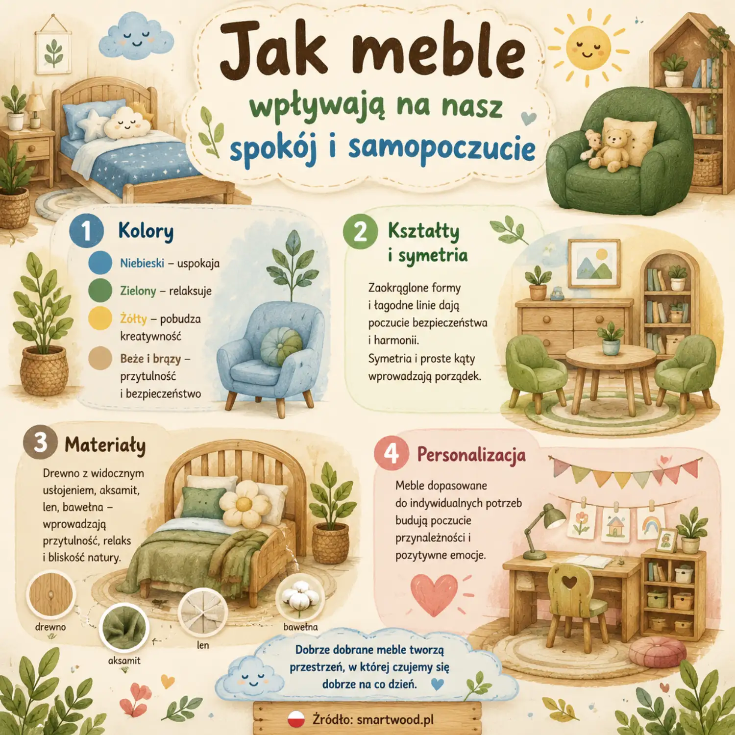 nfografika: jak meble wpływają na spokój i samopoczucie - kolory, kształty, materiały i personalizacja.