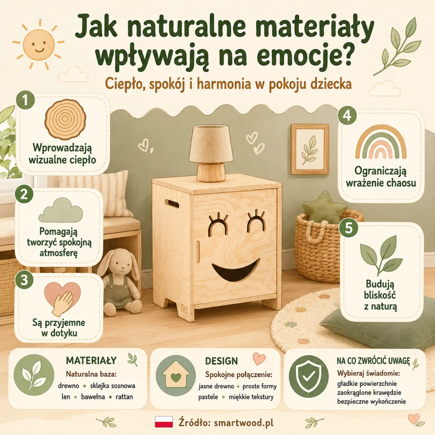 Infografika: naturalne materiały a emocje - wizualne ciepło, spokojna atmosfera, przyjemny dotyk, mniej chaosu i bliskość z naturą.
