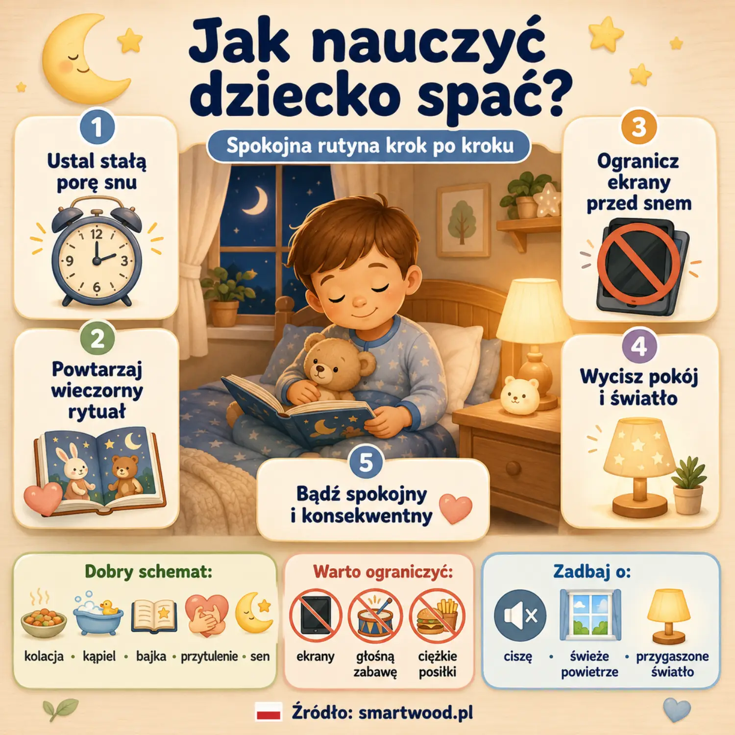 Infografika: jak nauczyć dziecko spać - stała pora snu, wieczorny rytuał, mniej ekranów, wyciszenie pokoju i konsekwencja.