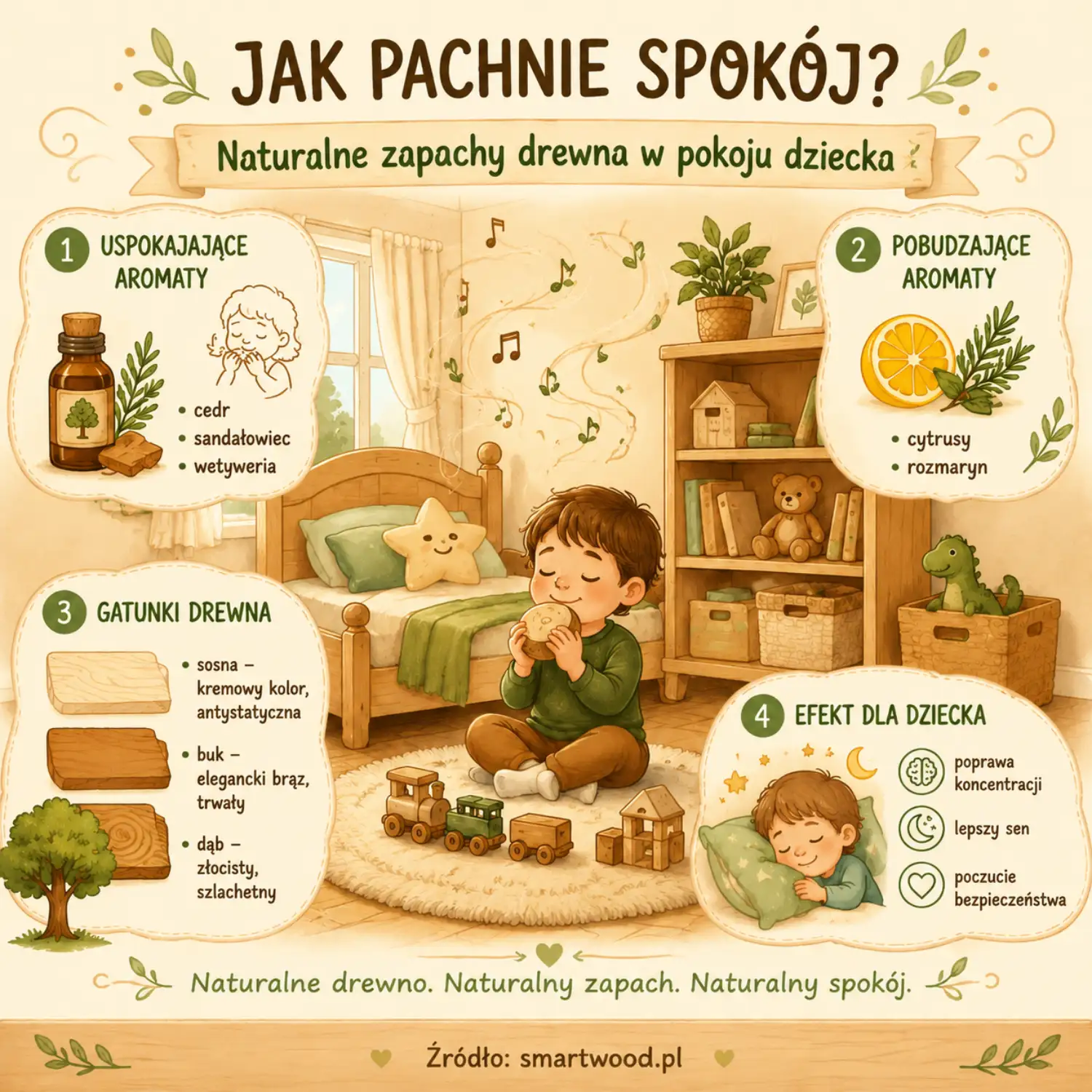 Infografika: jak naturalne zapachy drewna cedru, sosny czy dębu wpływają na sen, koncentrację i poczucie bezpieczeństwa dziecka. smartwood.pl