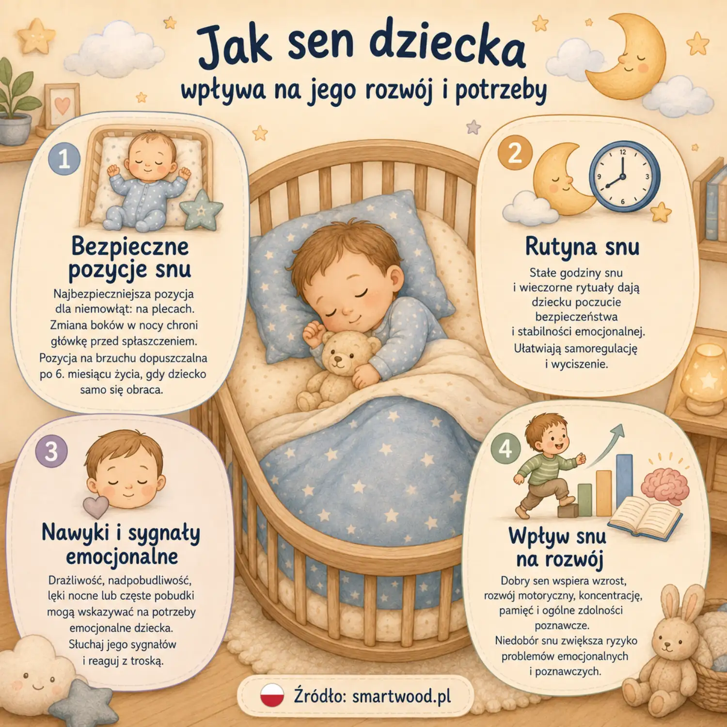  Infografika Smartwood - jak sen dziecka wpływa na jego rozwój i potrzeby: bezpieczne pozycje snu, rutyna, sygnały emocjonalne i wpływ na rozwój.