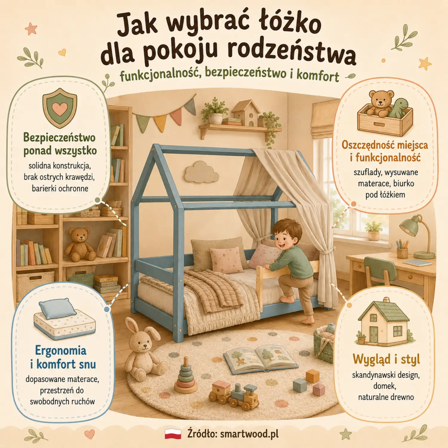 Infografika: jak wybrać łóżko do pokoju rodzeństwa — bezpieczeństwo, oszczędność miejsca, ergonomia snu i skandynawski styl.