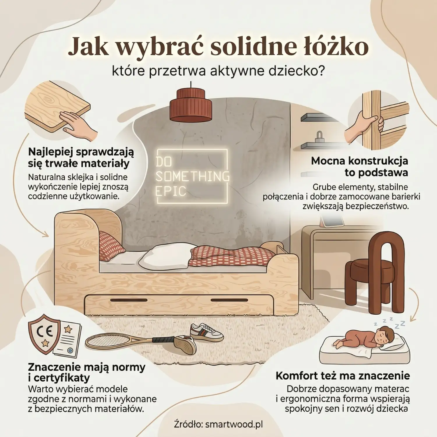 Infografika o wyborze solidnego łóżka dziecięcego – trwałe materiały, mocna konstrukcja, certyfikaty bezpieczeństwa i komfort snu dla aktywnego dziecka