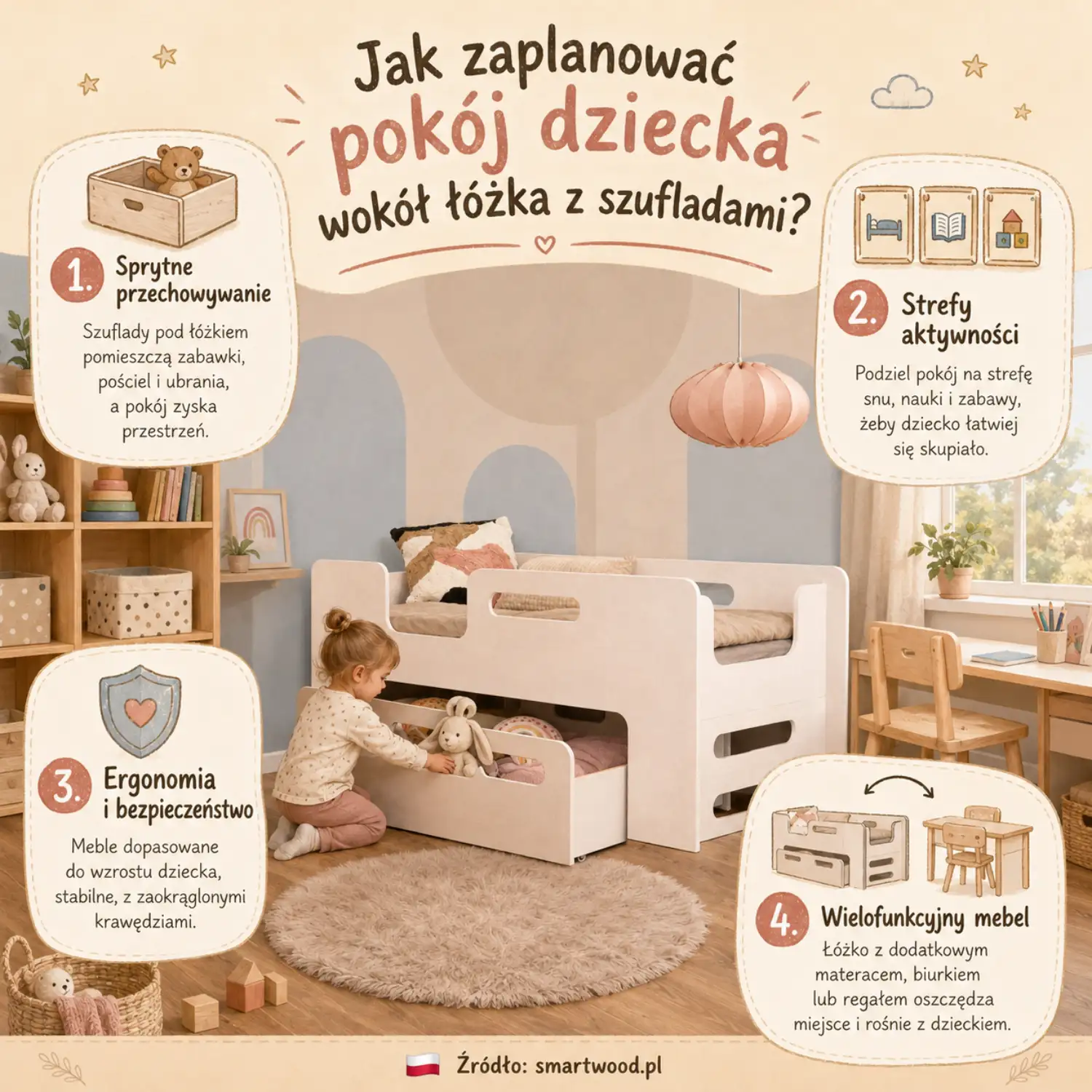  Infografika Smartwood - jak zaplanować pokój dziecka wokół łóżka z szufladami: sprytne przechowywanie, strefy aktywności i bezpieczeństwo.