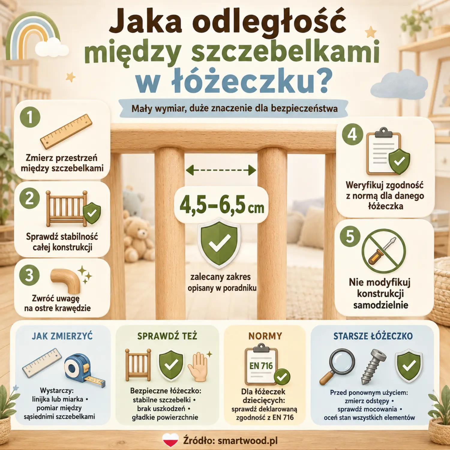 Infografika: jaka odległość między szczebelkami w łóżeczku — pomiar, stabilność konstrukcji, bezpieczne krawędzie i norma EN 716.