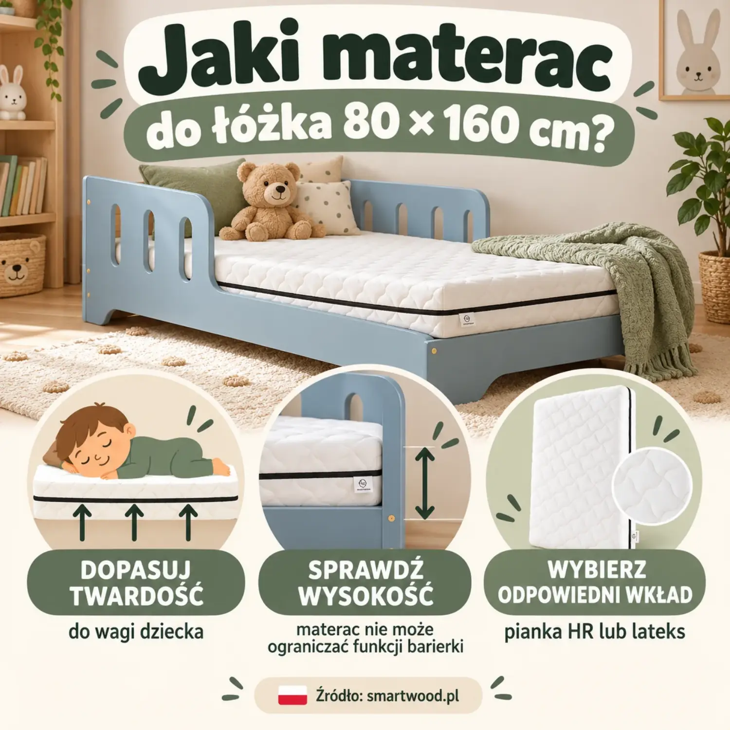 Infografika: materac do łóżka 80×160 - twardość dobrana do wagi dziecka, wysokość niekolidująca z barierką oraz wkład z pianki HR lub lateksu.