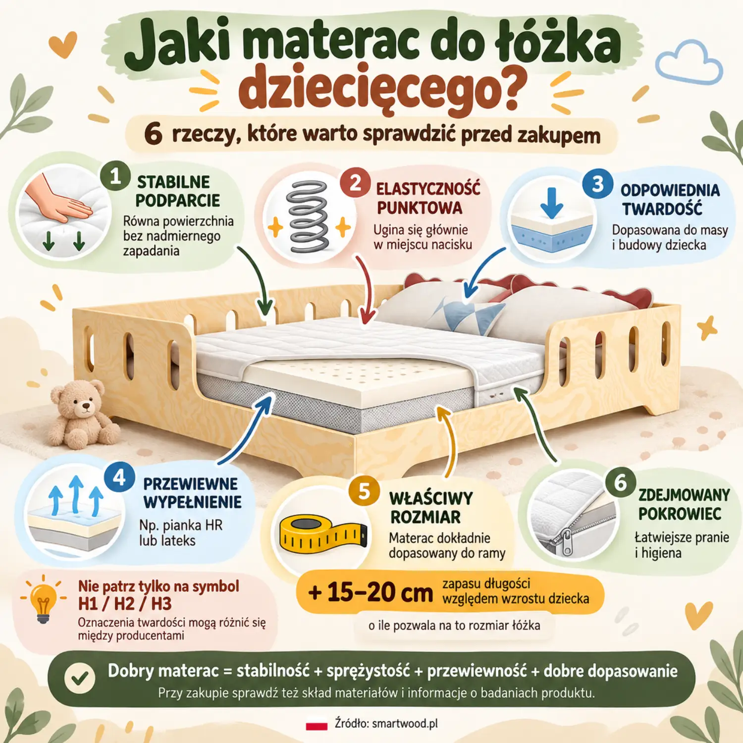 Infografika: sześć rzeczy do sprawdzenia przy wyborze materaca dziecięcego — podparcie, elastyczność punktowa, twardość, przewiewność, rozmiar i pokrowiec.