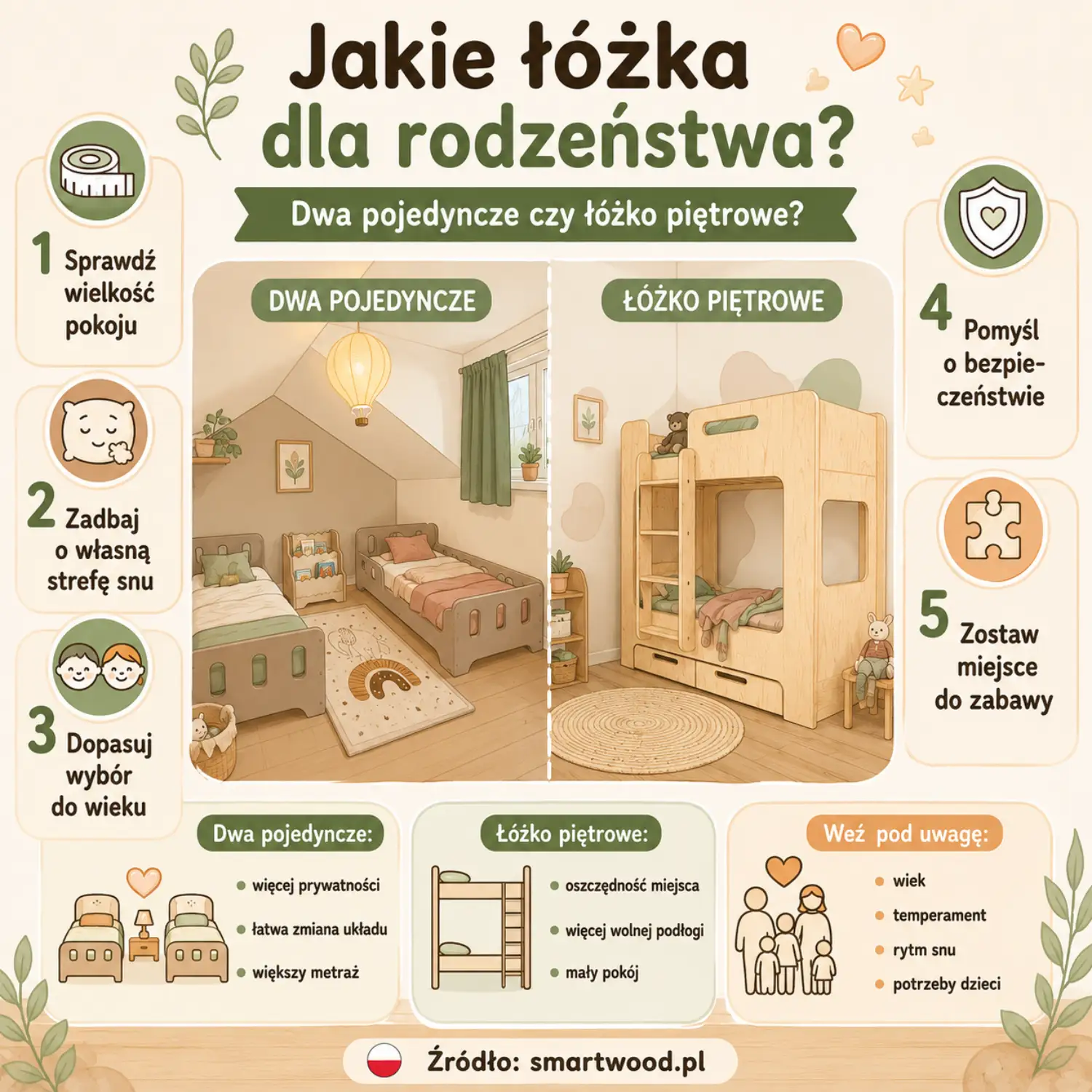 Infografika: łóżka dla rodzeństwa - dwa pojedyncze czy piętrowe, wielkość pokoju, własna strefa snu, wiek dzieci i bezpieczeństwo.