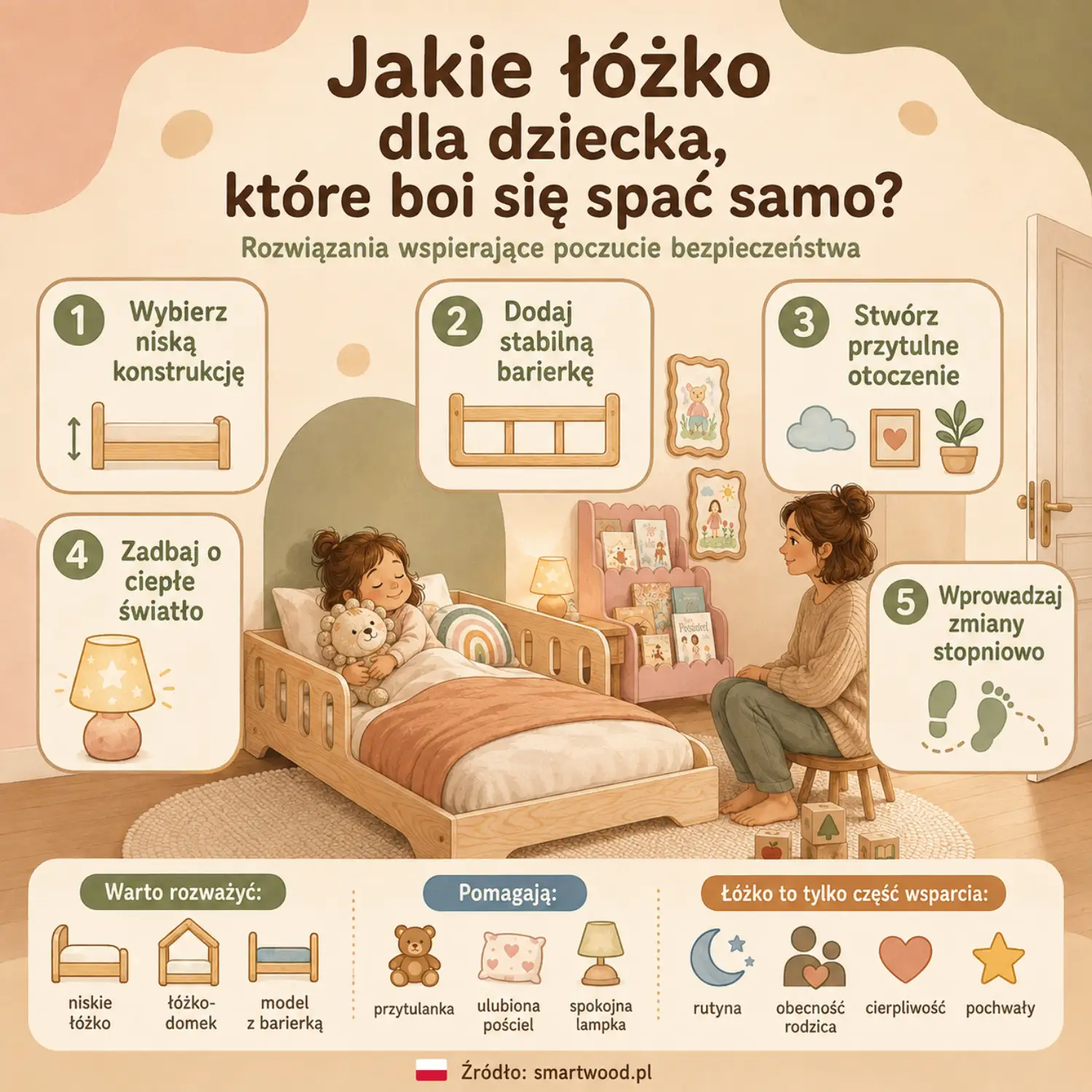 Infografika: łóżko dla dziecka bojącego się spać samo — niska konstrukcja, stabilna barierka, przytulne otoczenie, ciepłe światło i stopniowe zmiany.