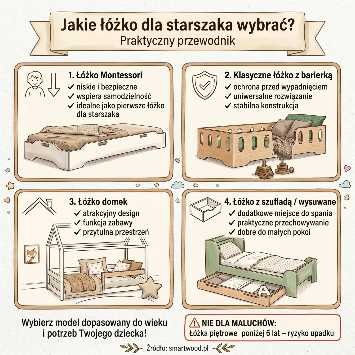 Infografika Smartwood - praktyczny przewodnik, jakie łóżko dla starszaka wybrać: łóżko Montessori, klasyczne łóżko z barierką, łóżko domek oraz łóżko z szufladą, wraz ze wskazówkami dopasowania modelu do wieku dziecka.