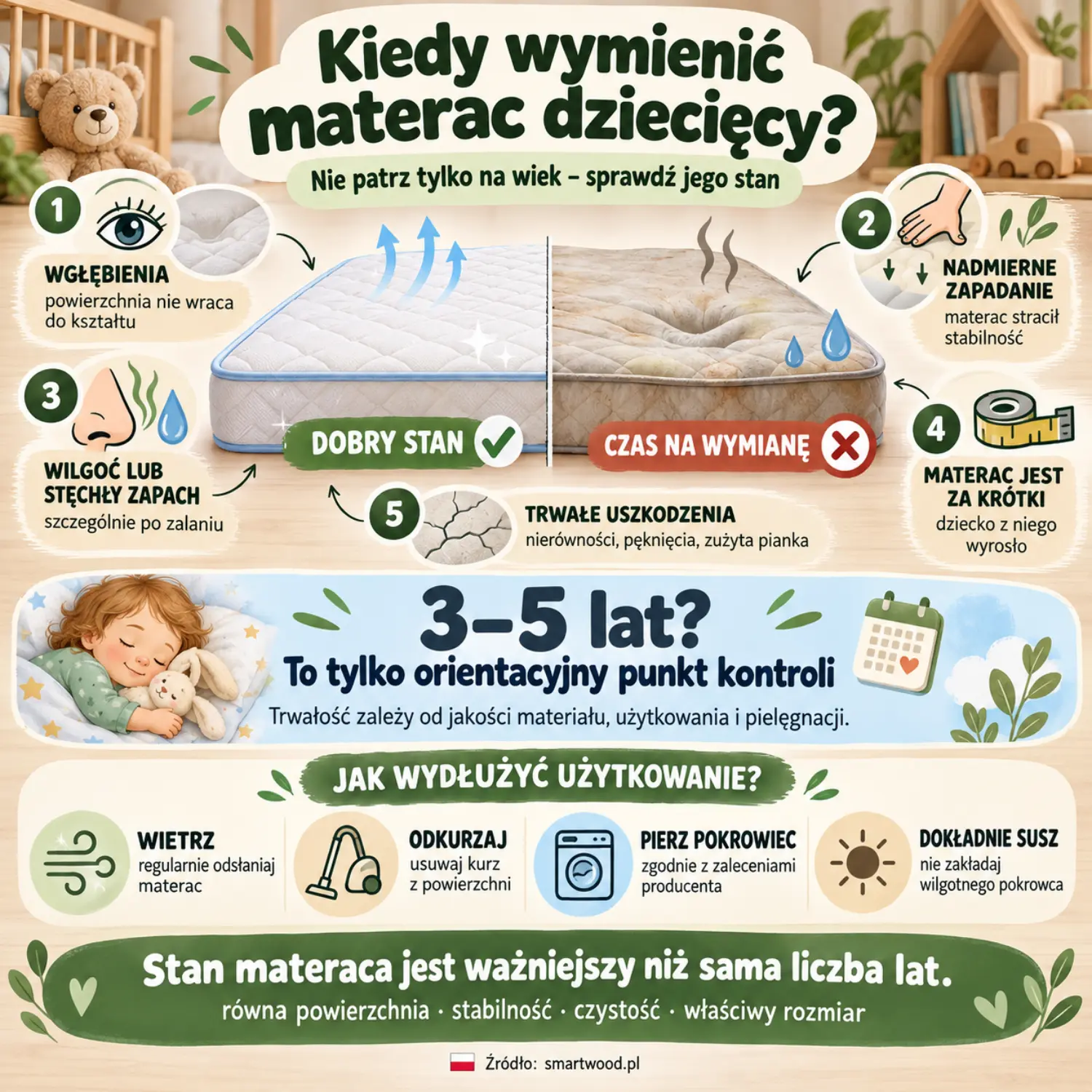 Infografika: pięć znaków, że materac dziecięcy nadaje się do wymiany - wgłębienia, zapadanie, wilgoć, uszkodzenia i za mała długość.