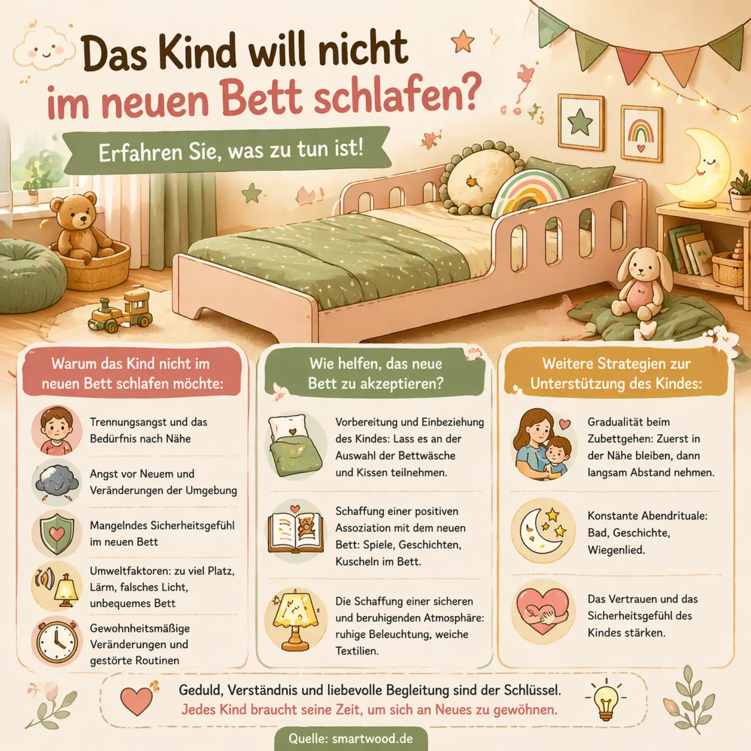 Smartwood-Infografik - warum das Kind nicht im neuen Bett schlafen will und wie man ihm bei der Eingewöhnung hilft.