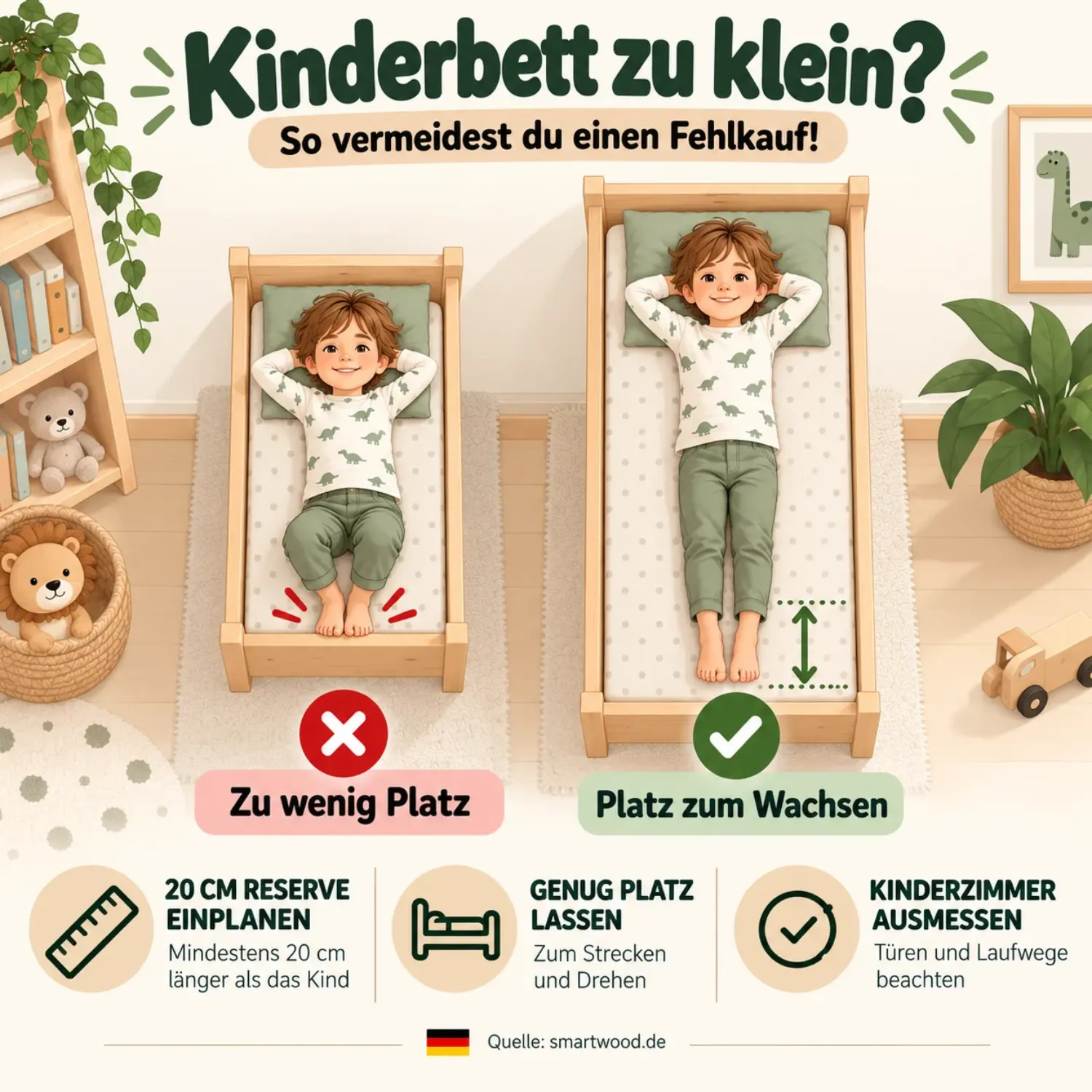 Infografik: Kinderbett zu klein - mindestens 20 cm Reserve zur Körpergröße einplanen, genug Platz zum Strecken und Drehen, Kinderzimmer samt Laufwegen ausmessen.