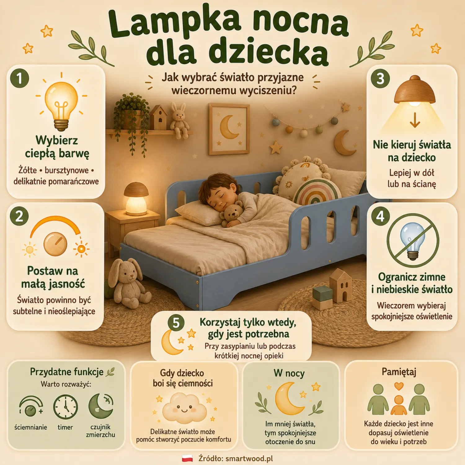 Infografika: lampka nocna dla dziecka - ciepła barwa, mała jasność, światło skierowane w dół i ograniczenie zimnego światła.