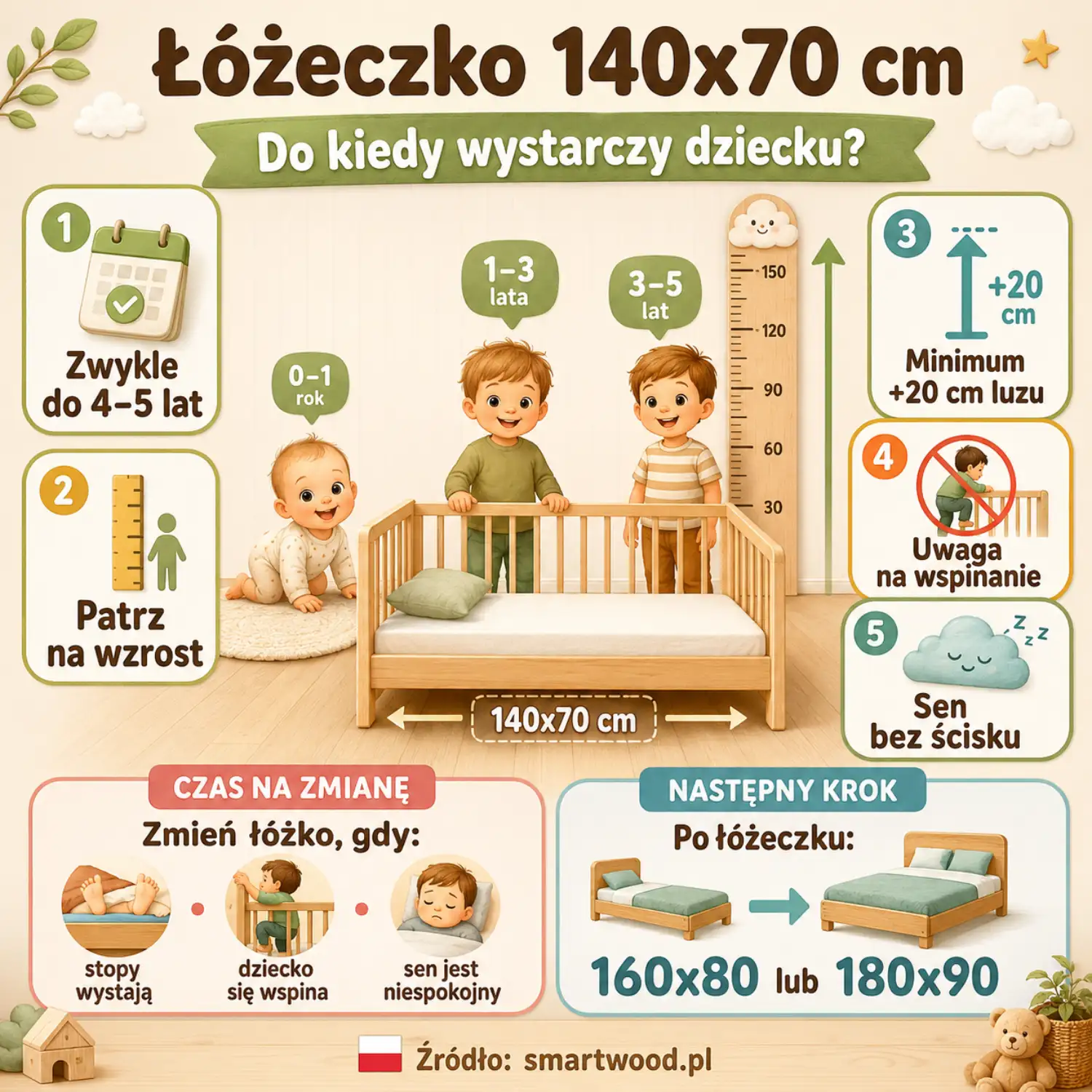 Infografika: łóżeczko 140x70 cm - do kiedy wystarczy dziecku i kiedy zmienić je na większe.